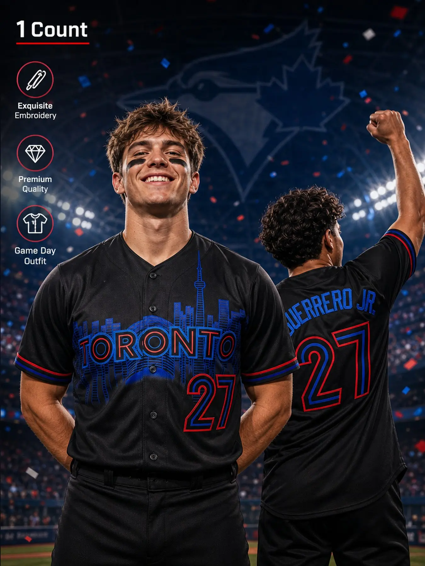 Men's #27 Embroidered Toronto Short Sleeve Baseball Shirt, Breathable High Quality Fabric, Suitable for Outdoor & Casual Wear, All-Seasons Unisex Streetwear