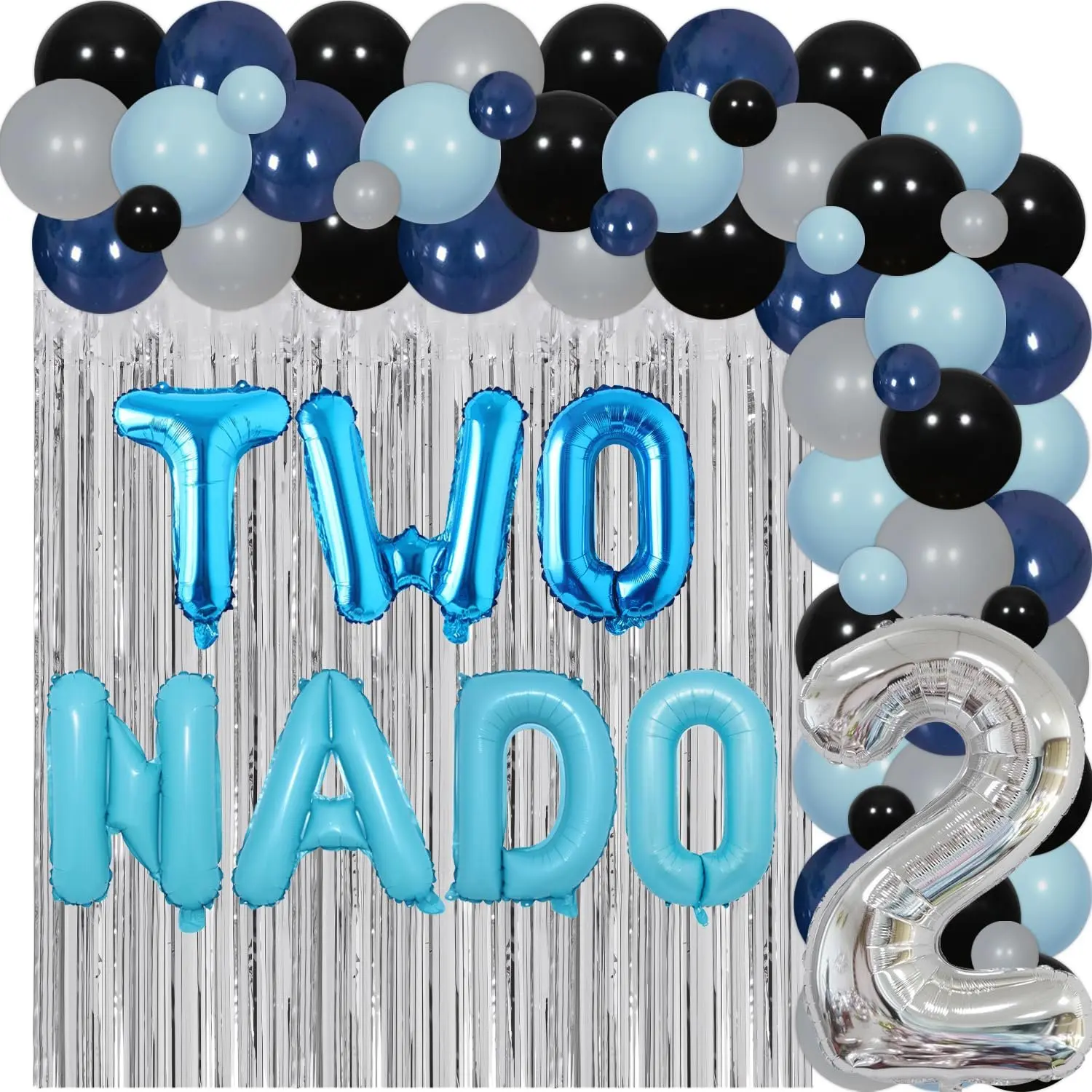 1Set Twonado Birthday Party Decorations Tornado 2anniversary Birhday Decor Blue Gray Black Balloon Garland Arch Kit with Two Nado Balloon Banner Sliver Foil Fringe Curtain for Boys 2anniversary Birthday Supplies