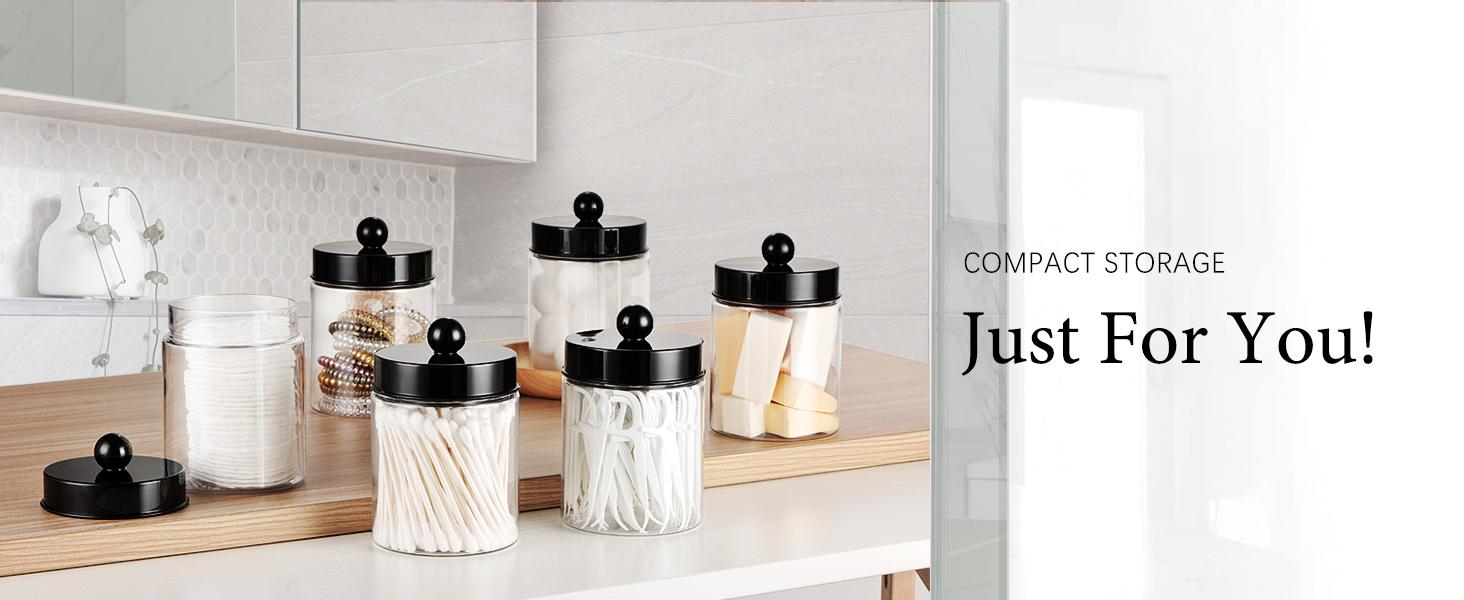 Apothecary Jars Bathroom Vanity Storage Organizer Set -Countertop Canister Plastic Acrylic Jar - Farmhouse Decor Qtip Holder for Cotton Swabs,Makeup Sponges,Flossers,Paper Clips -Black(2)