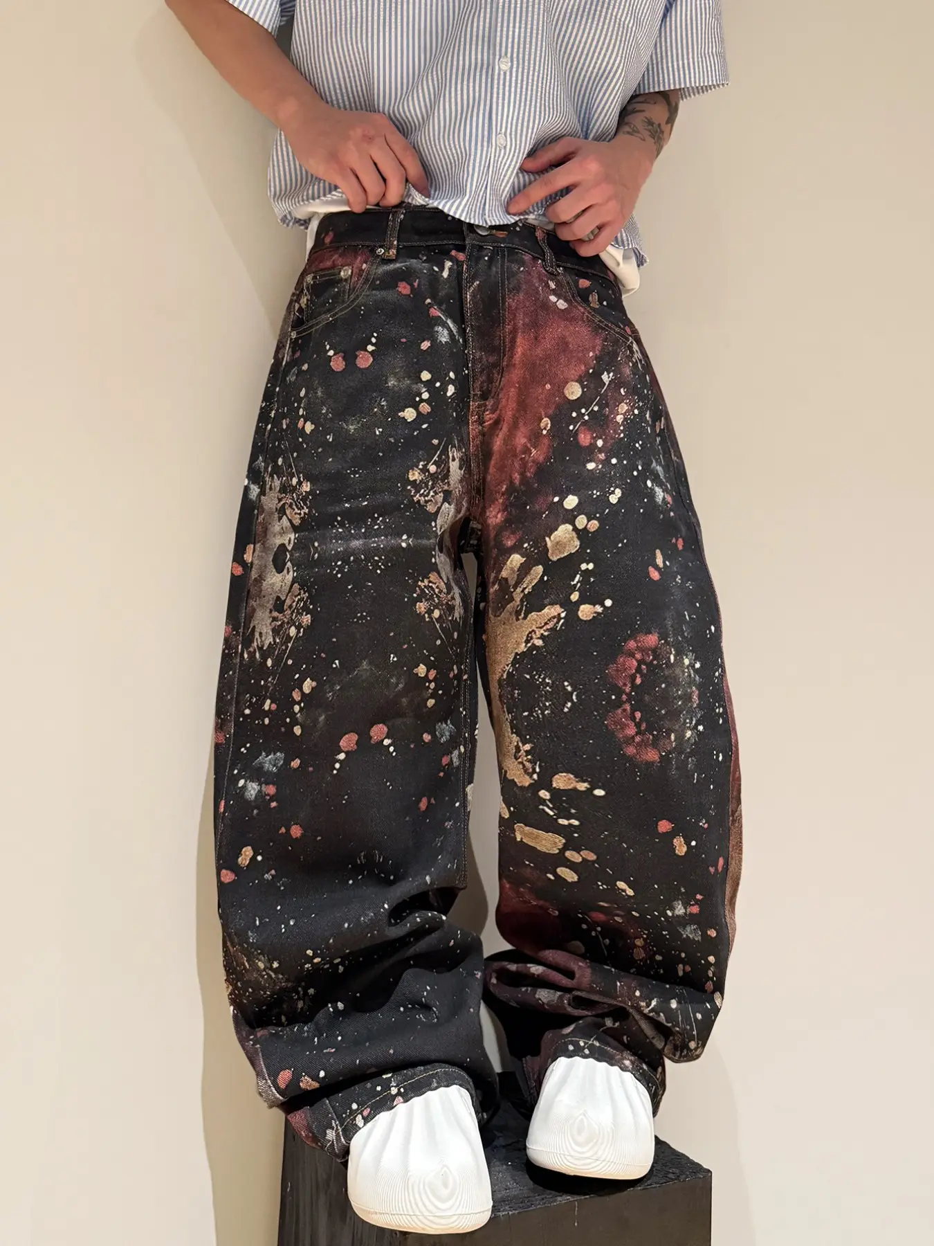 Men's Loose-Fit Baggy Oversized Rust Hip Hop Jeans, Artistic All-Over Print, Street Style Streetwear, Four-Season Casual Wear, No Belt Included, Unlined