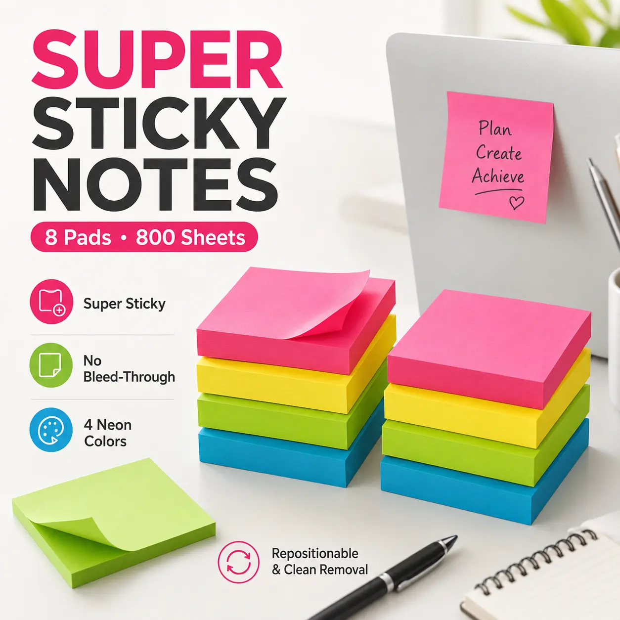 [Free Gift With Purchase] 8 Pads Colorful Sticky Notes, 3x3 Inch Square Self-Stick Pads (800 Sheets) for Office, School & Home Supplies-YY2