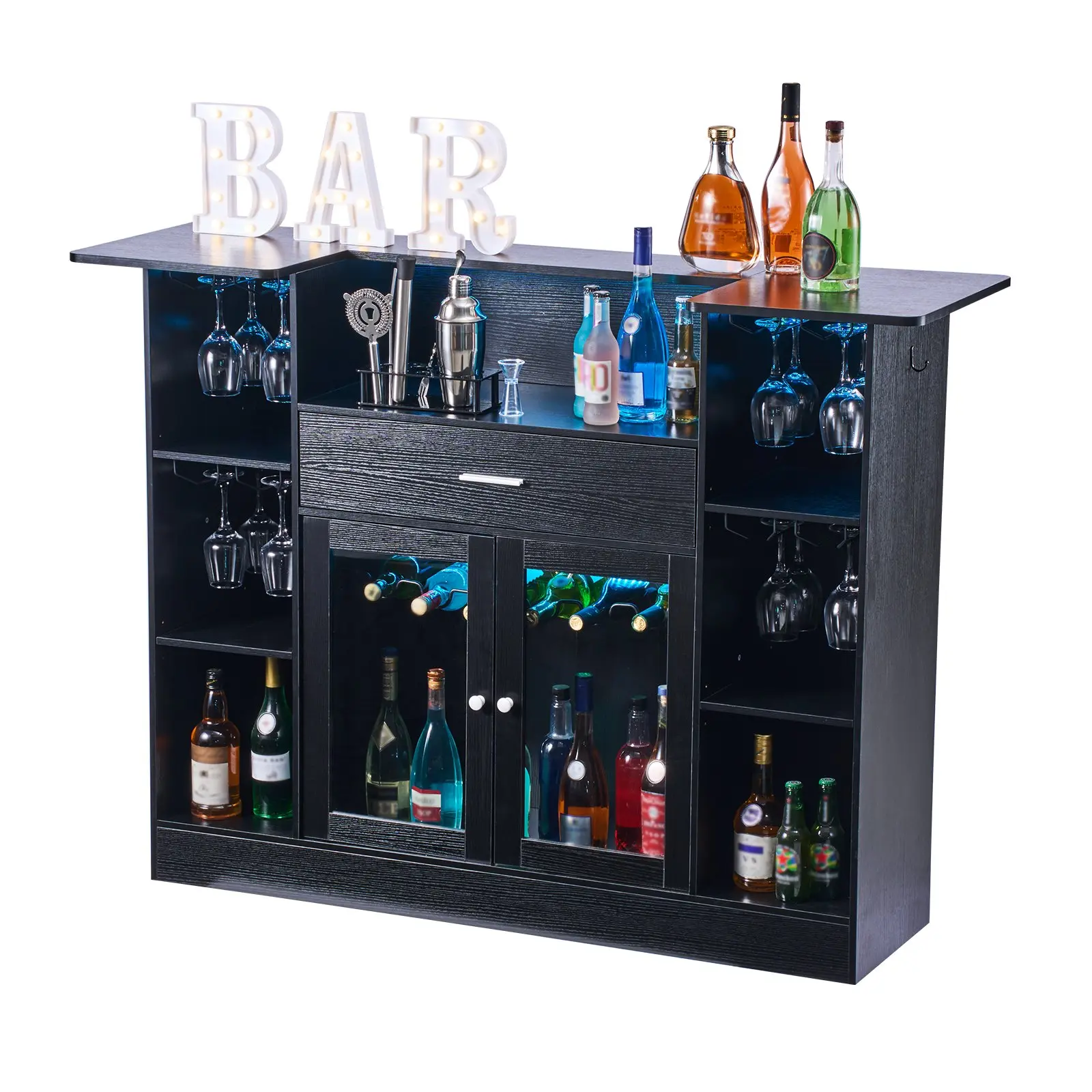 【DealsForYouDays】VEVOR Home Bar Unit, Wine Bar Cabinet Table 4-Tier with Storage Drawer Shelves, Wine Glass Holder, Bottle Rack, LED Light, Wood Metal Liquor Cabinet for Home, Basement, Kitchen, Living Room, Black