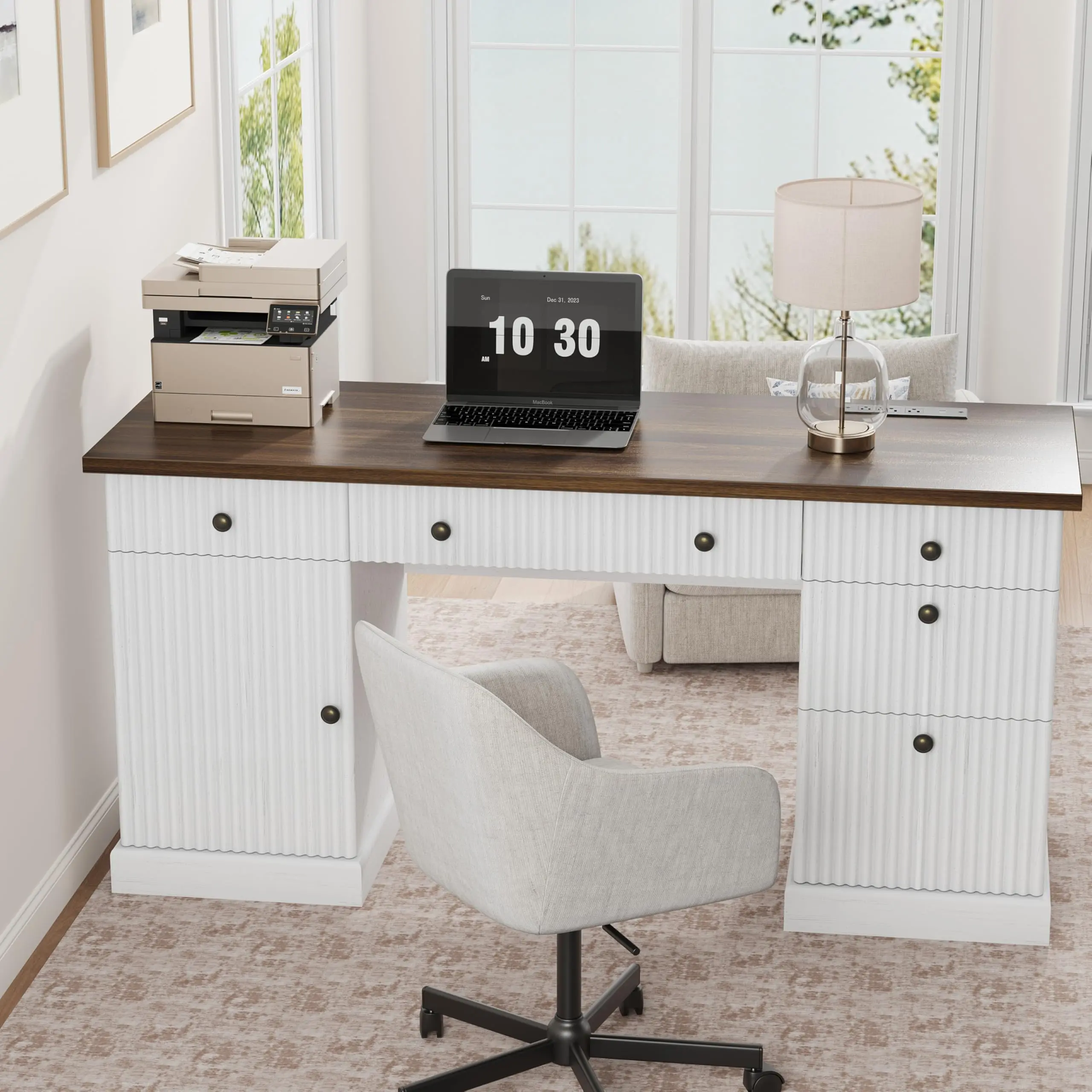 Modern Fluted Executive Office Desk – 60" Wooden Computer Table with File Drawers, Integrated Charging Station, Ample Storage – Ideal for Study Room, Small Spaces