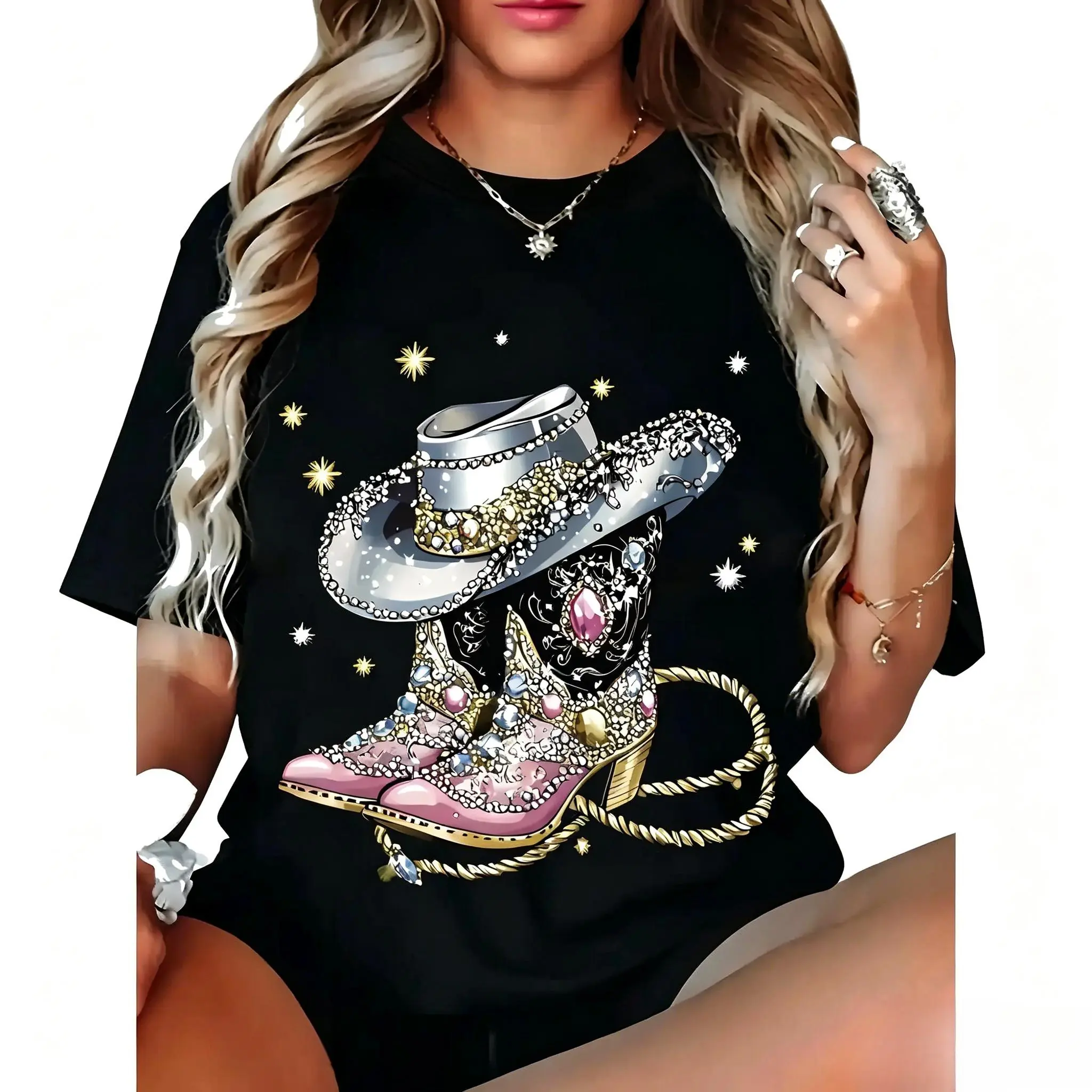 Plus Size Women'S Cowboy Graphic Print TShirt Rhinestone Cowboy Boots Hat Design, Black Geometric Pattern, Soft Polyester Blend, Machine Washable Casual Tee for Men Women, Spring Summer Fashion, Tr