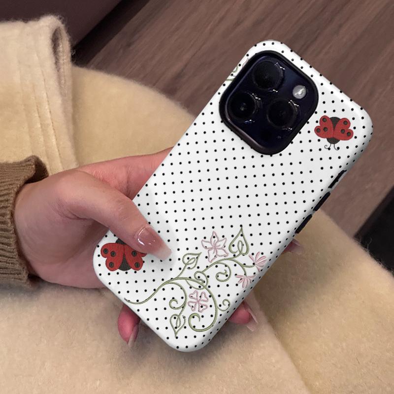 Polka Dot Ladybug Pattern Phone Case , Shockproof Rugged Cover Dual Layer Soft TPU Hard Bumper Shell for iPhone 7 8 X XR 11 12 13 14 15 16 17 Pro Max Plus Air, Cute Y2K Art Style, Kawaii Floral