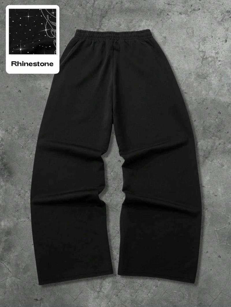 Men's Street Style Straight Leg Sweatpants, Design Sense American Fashion Rhinestone Embroidery, Unisex Casual Pants for Daily Wear, Casual Sporty Trousers