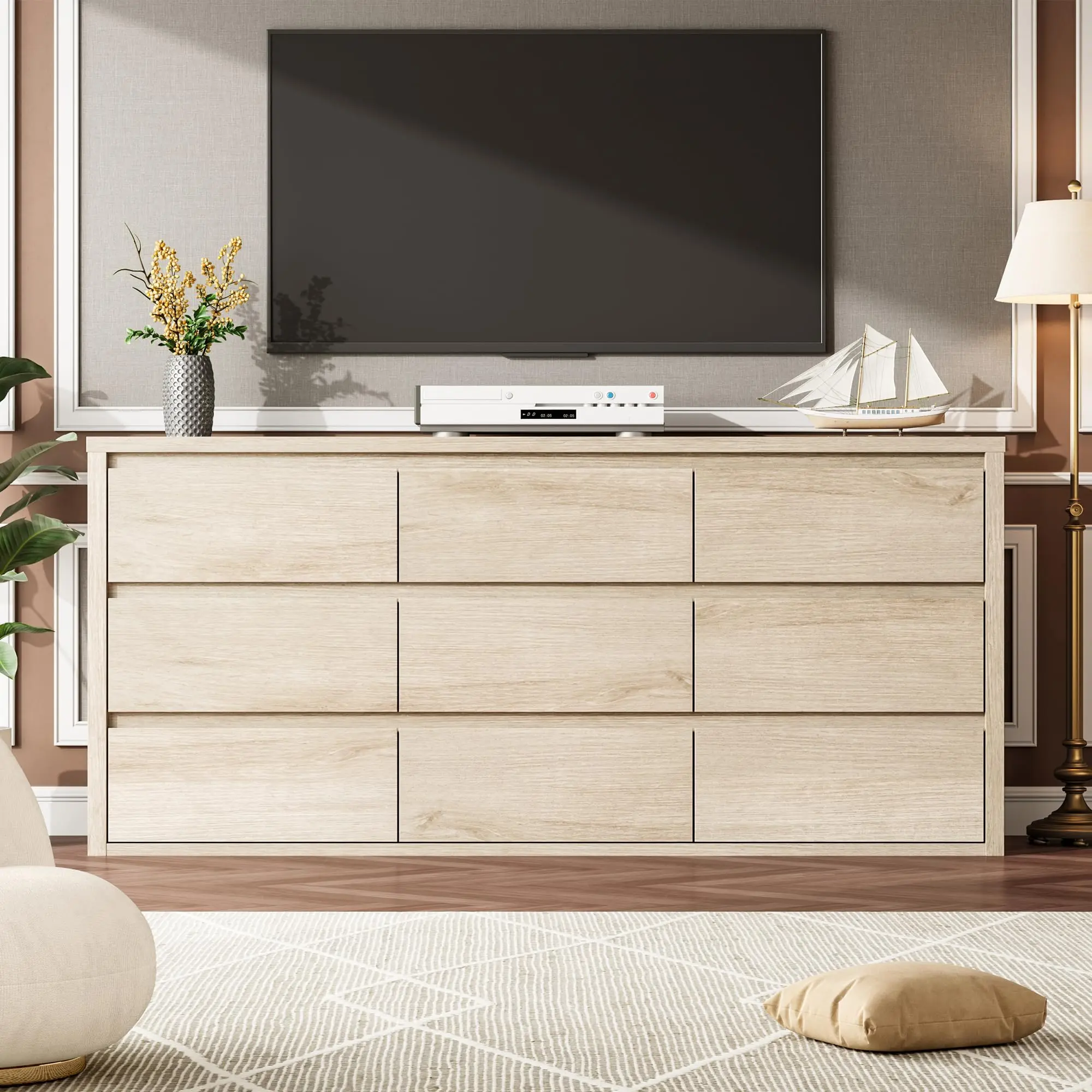 9 Drawer Dresser for Bedroom, Wide Wood Chest of Drawers Handle Free, Large Modern Dresser Storage Cabinet for Living Room, Hallway Entryway, Light yellow/Black/White/Grey(2 Boxes)