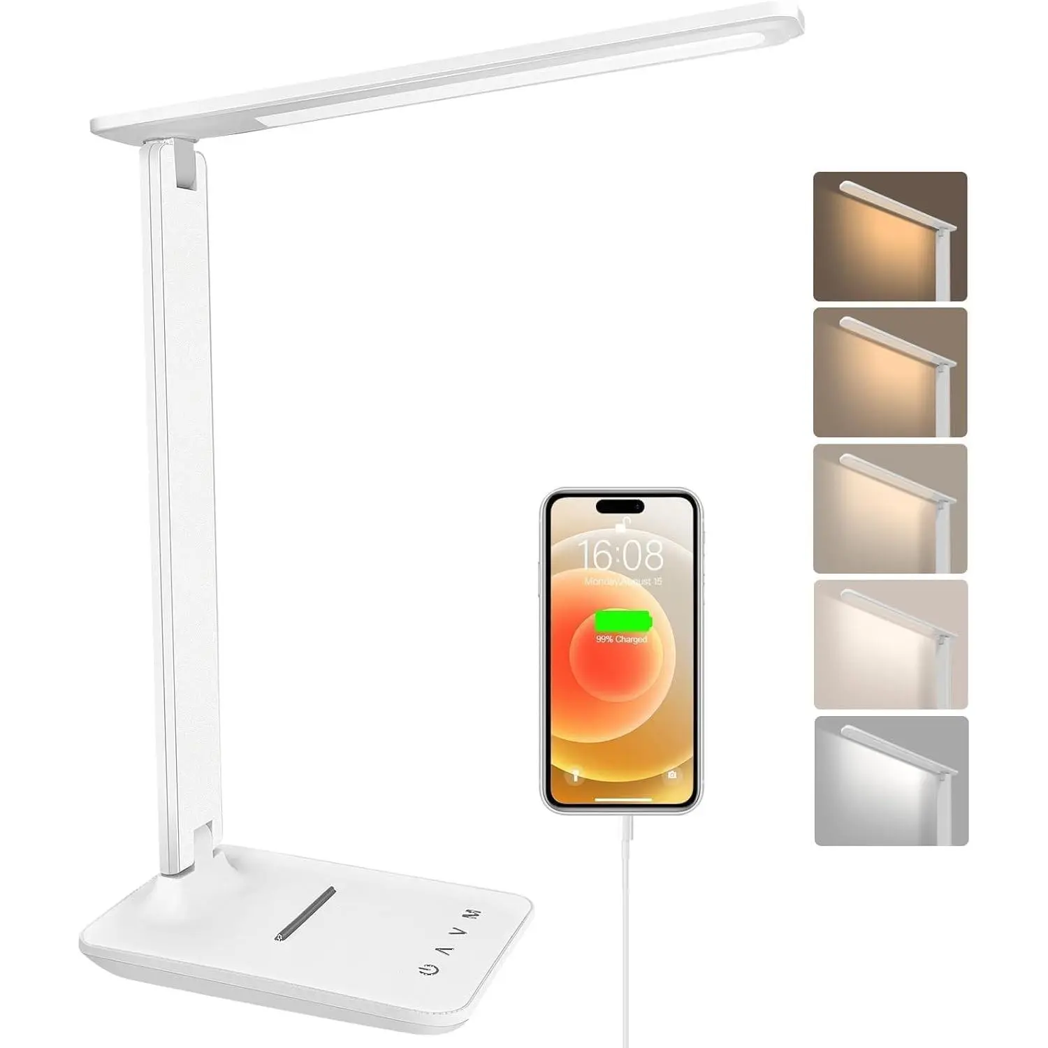 LED Desk Lamp Dimmable Table Lamp with USB Charging Port, 5 Lighting Modes, Sensitive Control, Foldable Portable Desk Light for Home Office Bedroom Reading (White, Standard Size - 13.3 inch)
