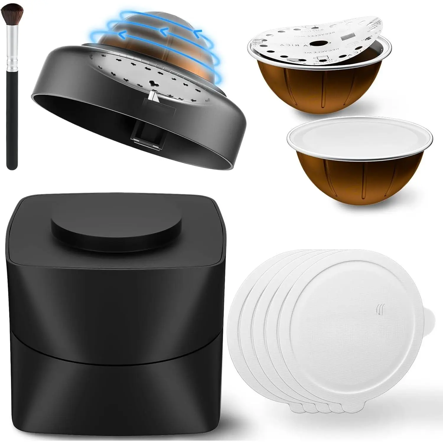 Refill Kit for   Vertuo Pods, Lid Easy Remover for  Seal, 100 count  Foil , Tamp & Press Refillable Vertuo Capsules Holder and Brush