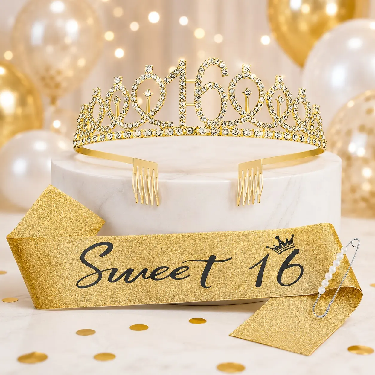 16th Birthday Crown Set, 16th Birthday Crown, Glitter Ribbon with Pearl Pin, Perfect for Girls' Birthday Party Decorations, Hair Accessories