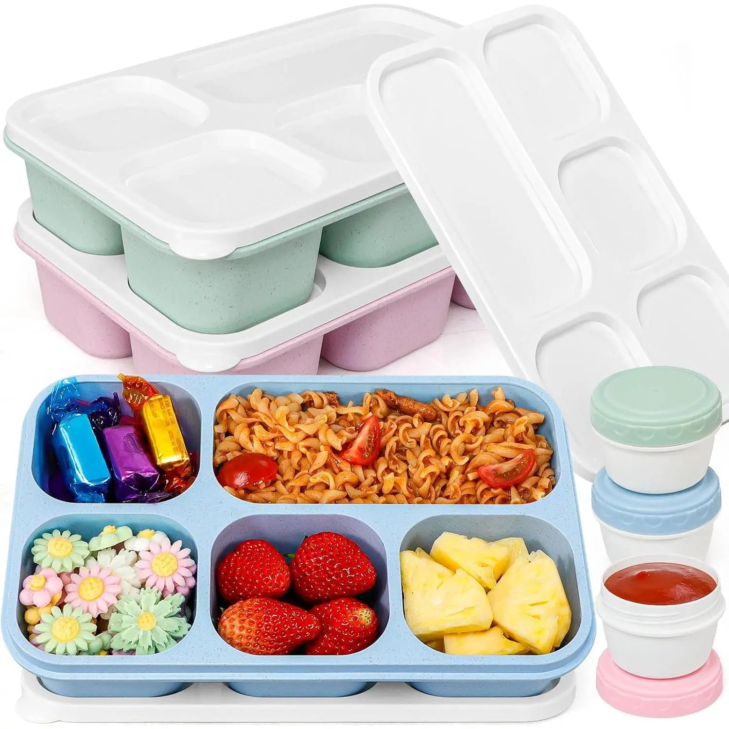 Bento Box Adult Lunchable Container -  3-Pack Snack Box Containers with 5-Compartment & 3 count Dressing Cups,   Storage for Meal Prep, School, Work ( Colors)
