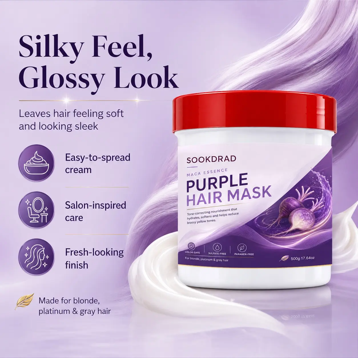 Purple Hair Mask, Maca Essence, Tone-correcting, Hydrating, Softening, Reduce brassy yellow tones, For blonde, platinum & gray hair, 17.64oz, Color-safe, Sulfate-free, Paraben-free, 500g
