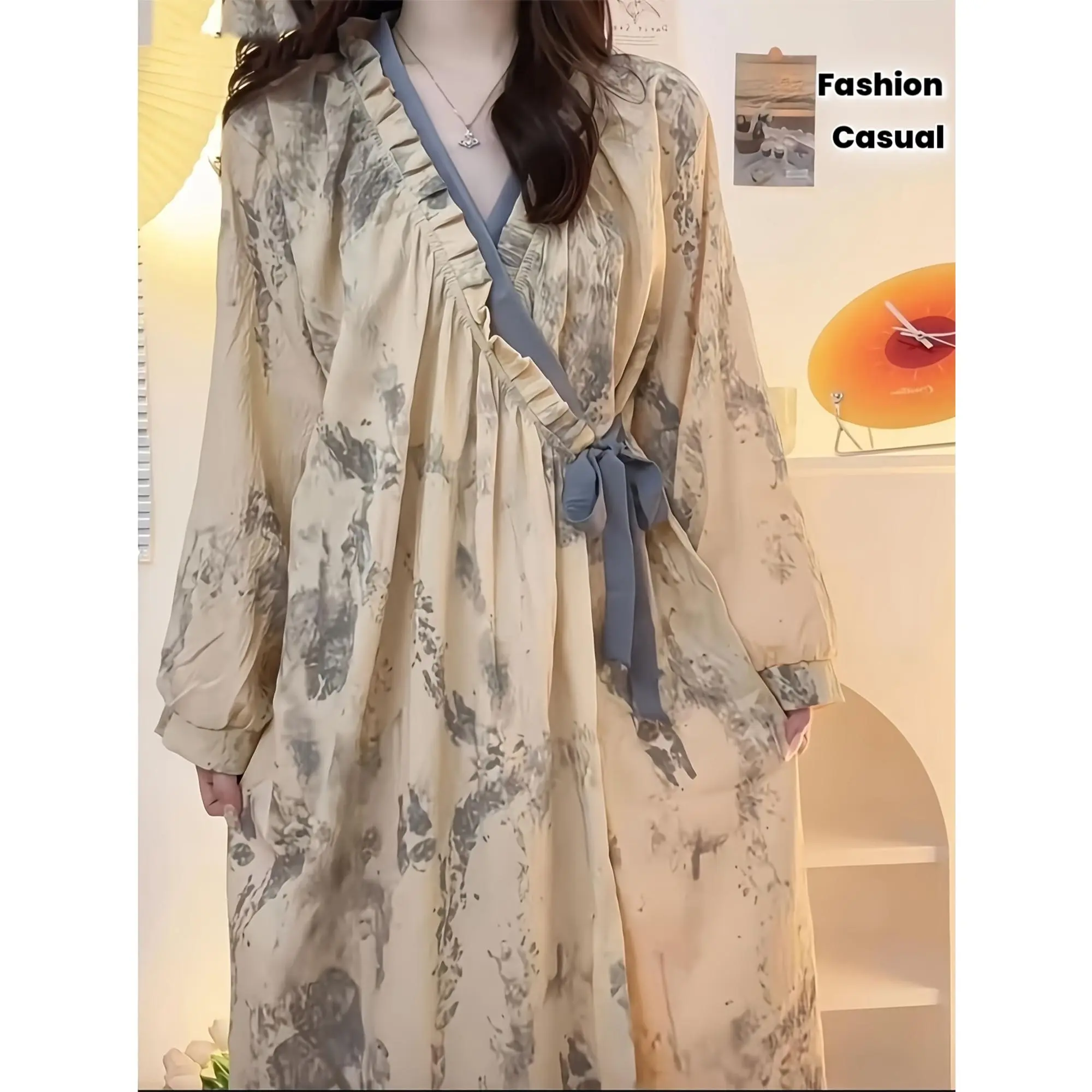 Women's Chic Korean Long-Sleeve Nightgown Dress - Casual Loose, Flower-Patterned, Belt-Equipped, New, Wearable Outdoors