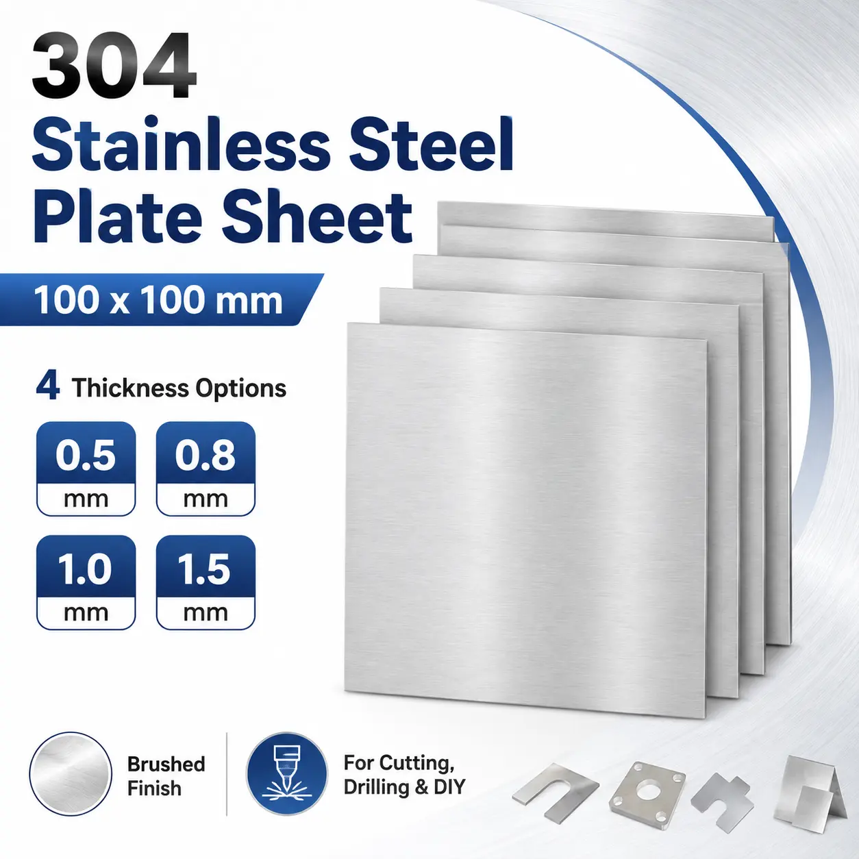 304 Anti-Rust Wear-Resistant Stainless Steel Square Plate (100x100mm) - Multi-Thickness Options (0.5/0.8/1/1.5mm), Polished Finish Metal Sheet, 3/5-Pack, US Stock Hand Tool Parts for DIY Craft Cutting/Welding