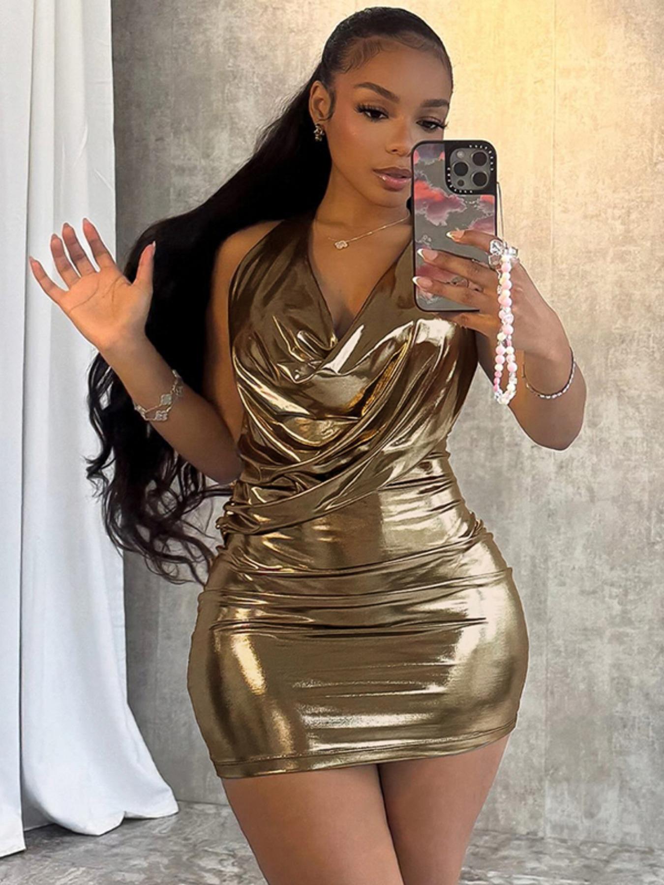 Women's Halter Neck Backless Dress, Sexy Fashion Metallic Fit Bodycon Dress for Party Club Dating Wear, Women Dress for Summer - TikTok Shop Women's Halter Neck Backless Dress, Sexy Fashion Metallic Fit Bodycon Dress for Party Club Dating Wear, Women Dress for Summer - TikTok Shop