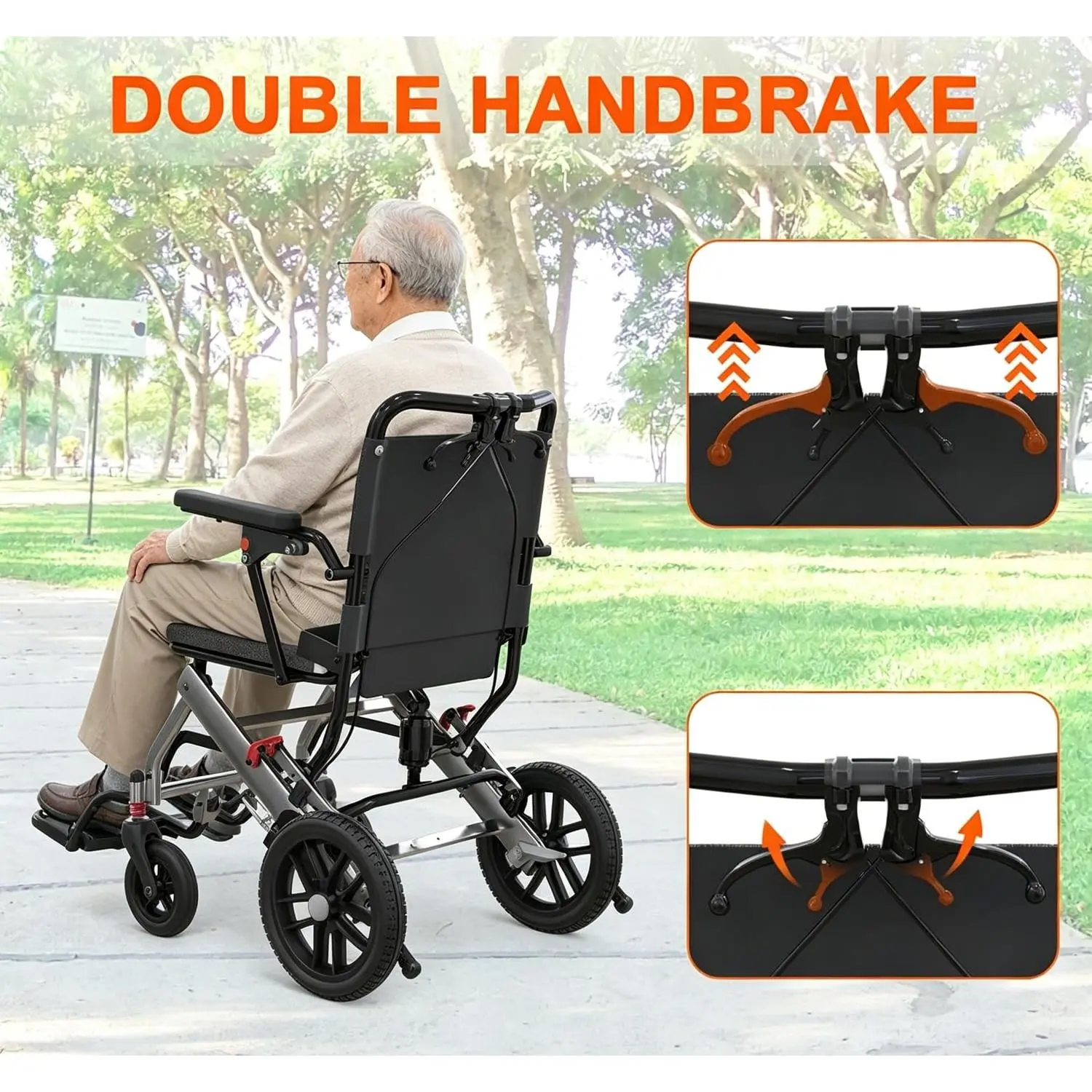 Lightweight Folding Transport Wheelchair, Aviation Aluminum Frame 16in Wide Seat, 10in PVC Rear Wheels, Portable Mobility Chair with Handbrake, Flip Armrests & Swing Footrests for Elderly Kids, Gray Orange