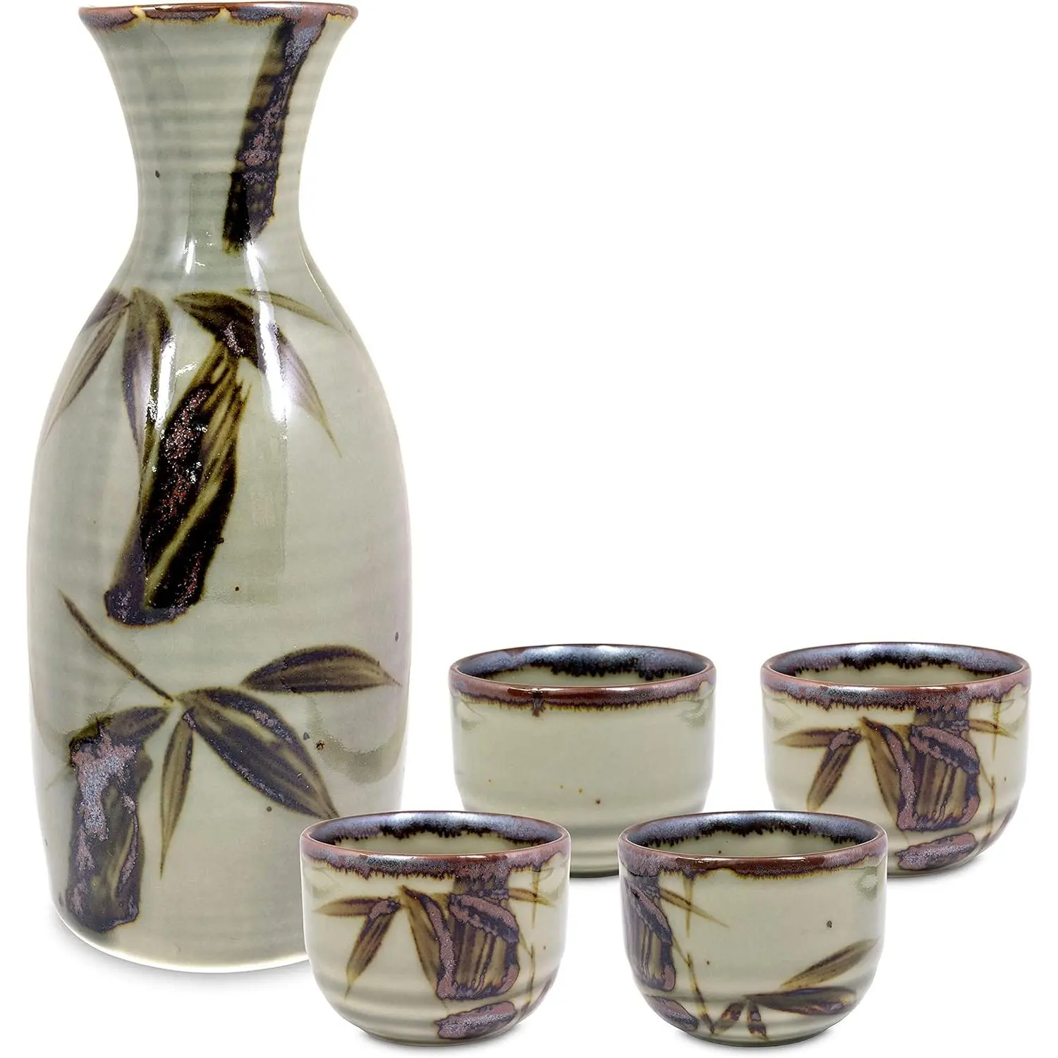 Product of Gifu Japan Japanese 5 Piece Sake Set, 1 Tokkuri Bottle Carafe and 4 Ochoko Ceramic Sake Cups, Green