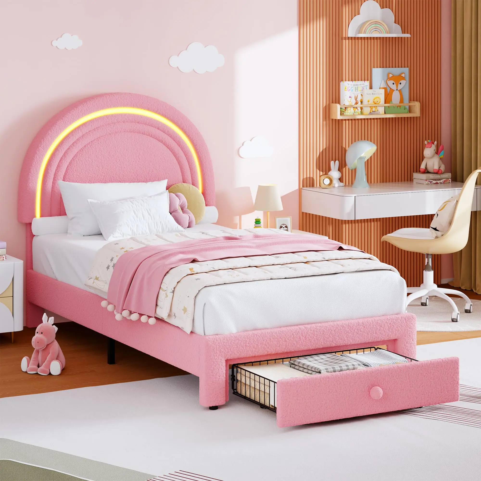 Twin Size Berber Fleece Princess Bed Frame - LED Lights, Rainbow Headboard & Storage Drawer, Wooden Slats, No Box Spring Needed
