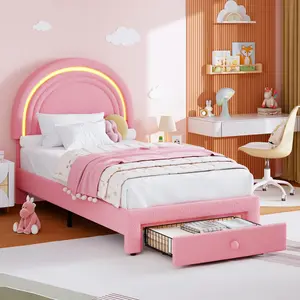 Twin Size Berber Fleece Princess Bed Frame - LED Lights, Rainbow Headboard & Storage Drawer, Wooden Slats, No Box Spring Needed