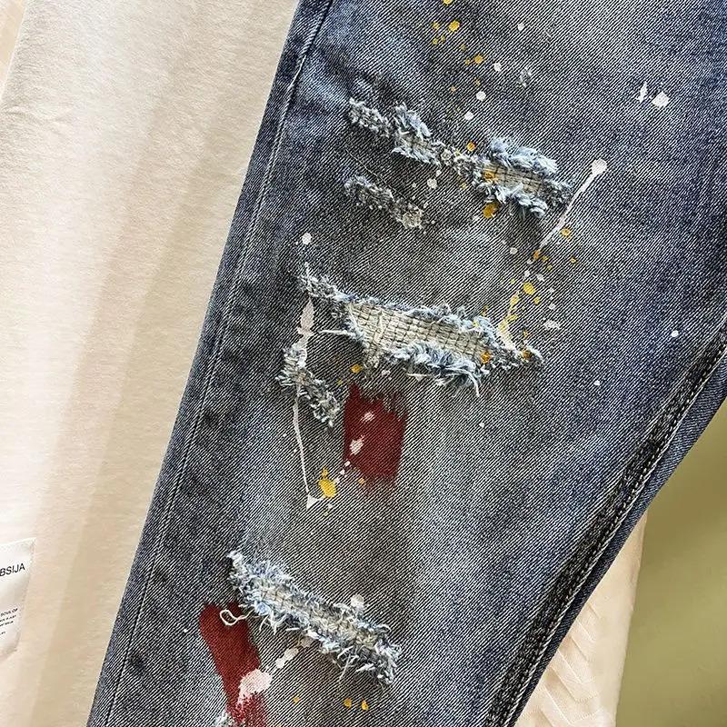 Men's Faionable Ripped Denim Jeans Elastic Slim Fit Casual Nine-Piece Pants Low Waist Zipper Closure Busin Casual Sle