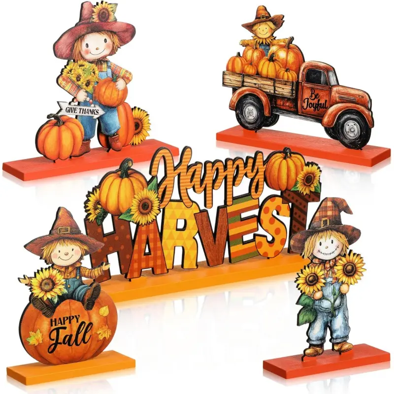 5 Pieces Happy Harvest Wooden Tabletop Decor Set, Fall Scarecrow Vintage Truck Pumpkin Sunflower Table Centerpiece Signs, Farmhouse Autumn Tiered Tray Decorations for Thanksgiving Kitchen Mantel Home Party Decor