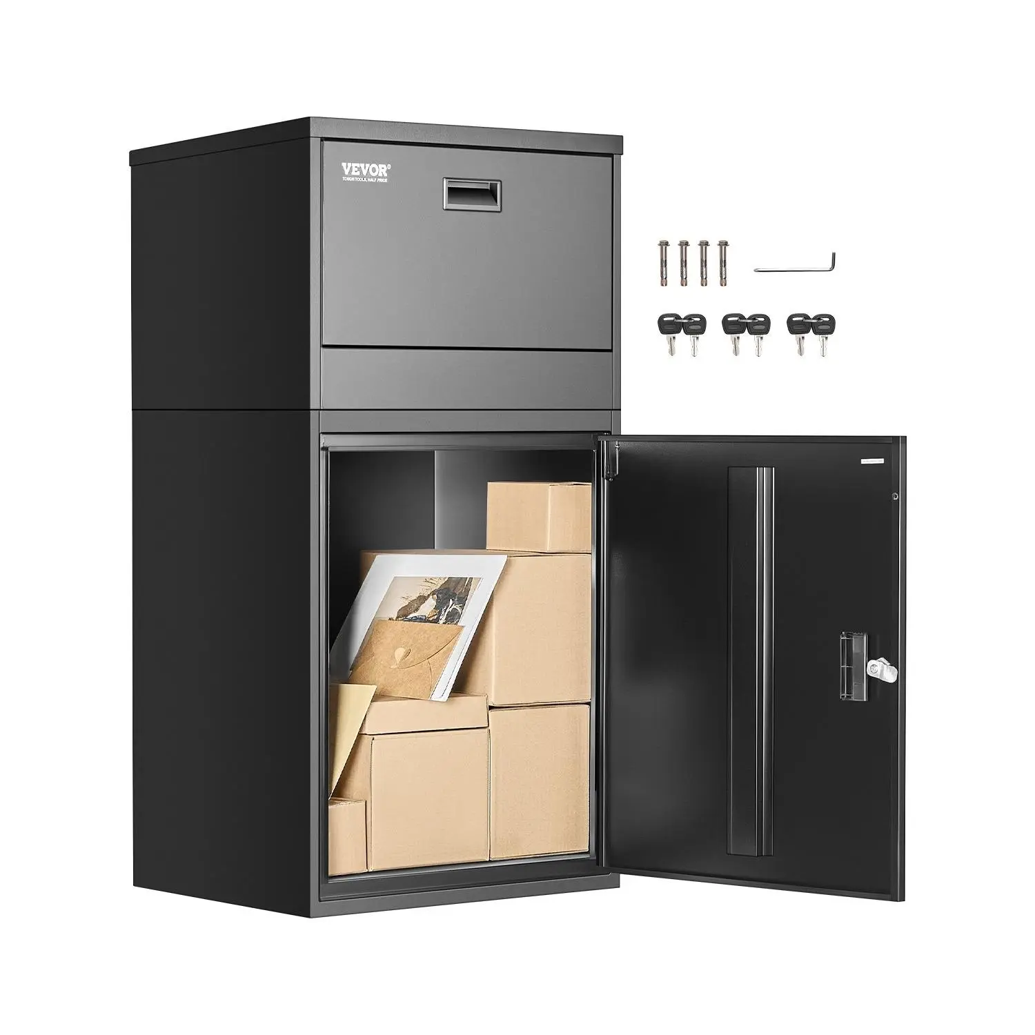 【toolupgrade】VEVOR pb-16s Galvanized Steel Parcel Drop Box with Parcel Slots, 38.6" Height Anti-Theft Lock Mailbox, Weather-Resistant for Home Users, Black