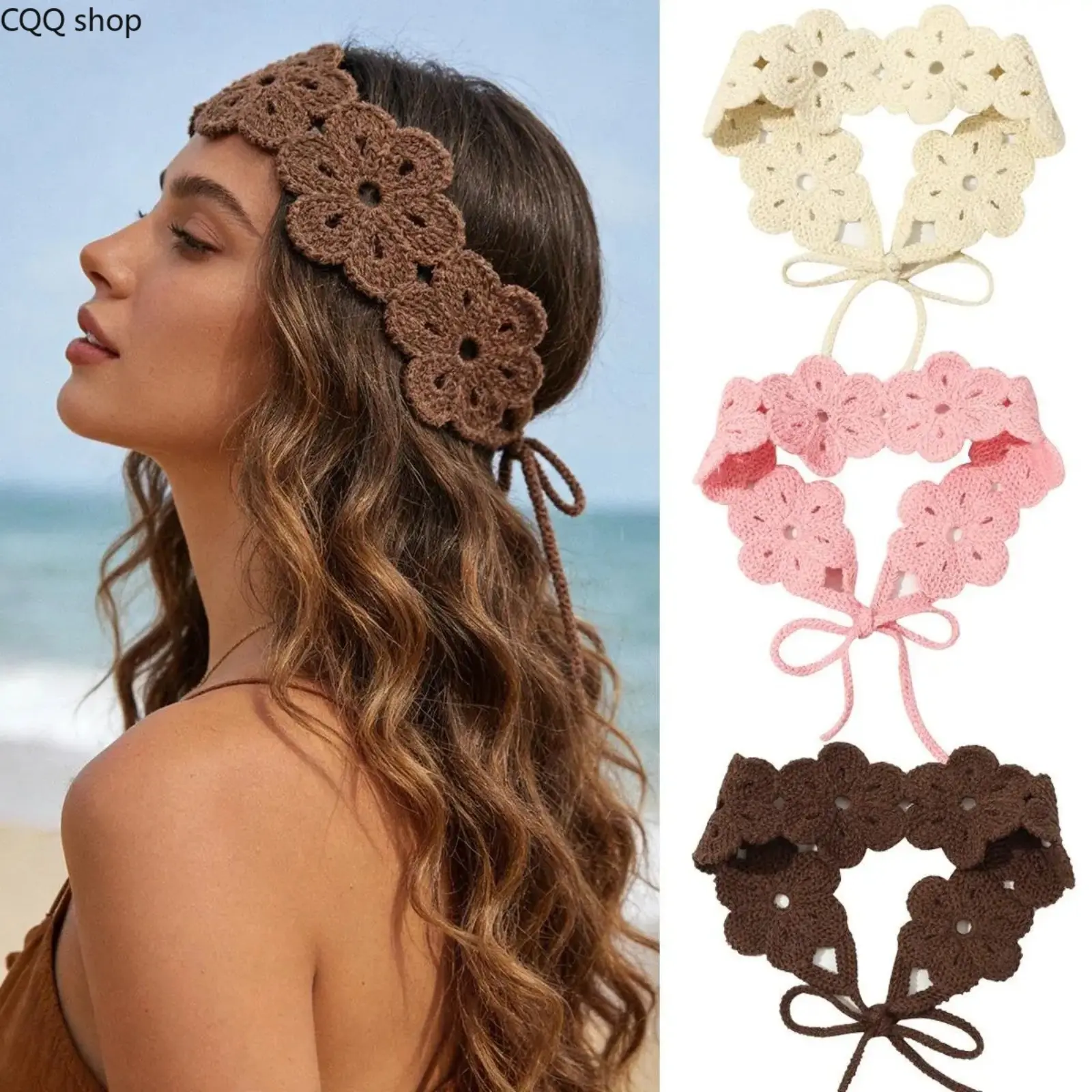 Women's Boho Crocheted Flower Elastic Headband - Soft, Stretchy, Lightweight Polyester Knitted Hair Accessory, Boho Twist Headband for Daily Wear, Beach Outings, Mother's Day Gift, Elastic Headbands, Boho Twist Headbands