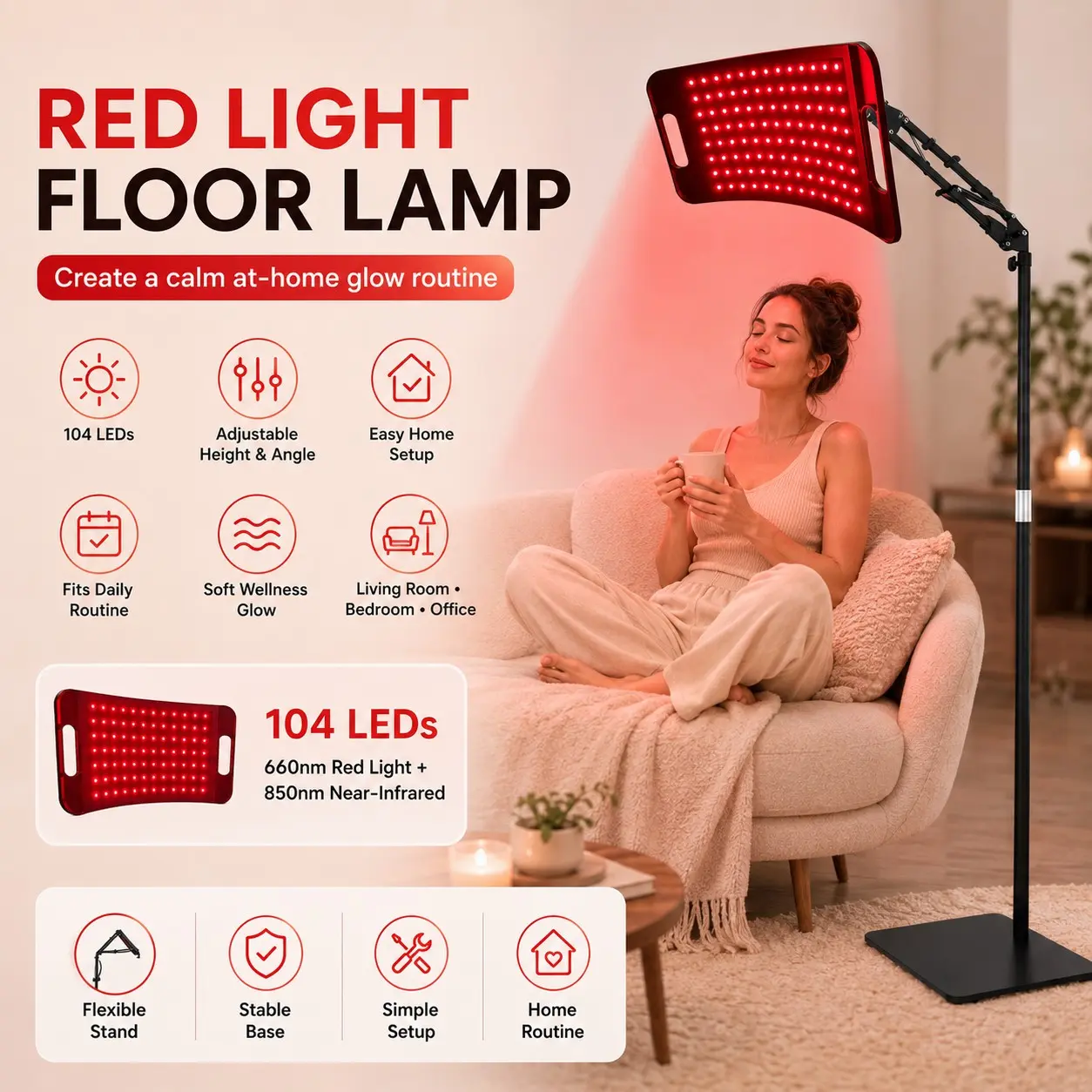 104 LED Light Therapy Lamp, Therapeutic 660nm Light + 850nm Near Infrared, Large Panel Design, Floor & Desk Stands, Easy Assembly, Skin Care