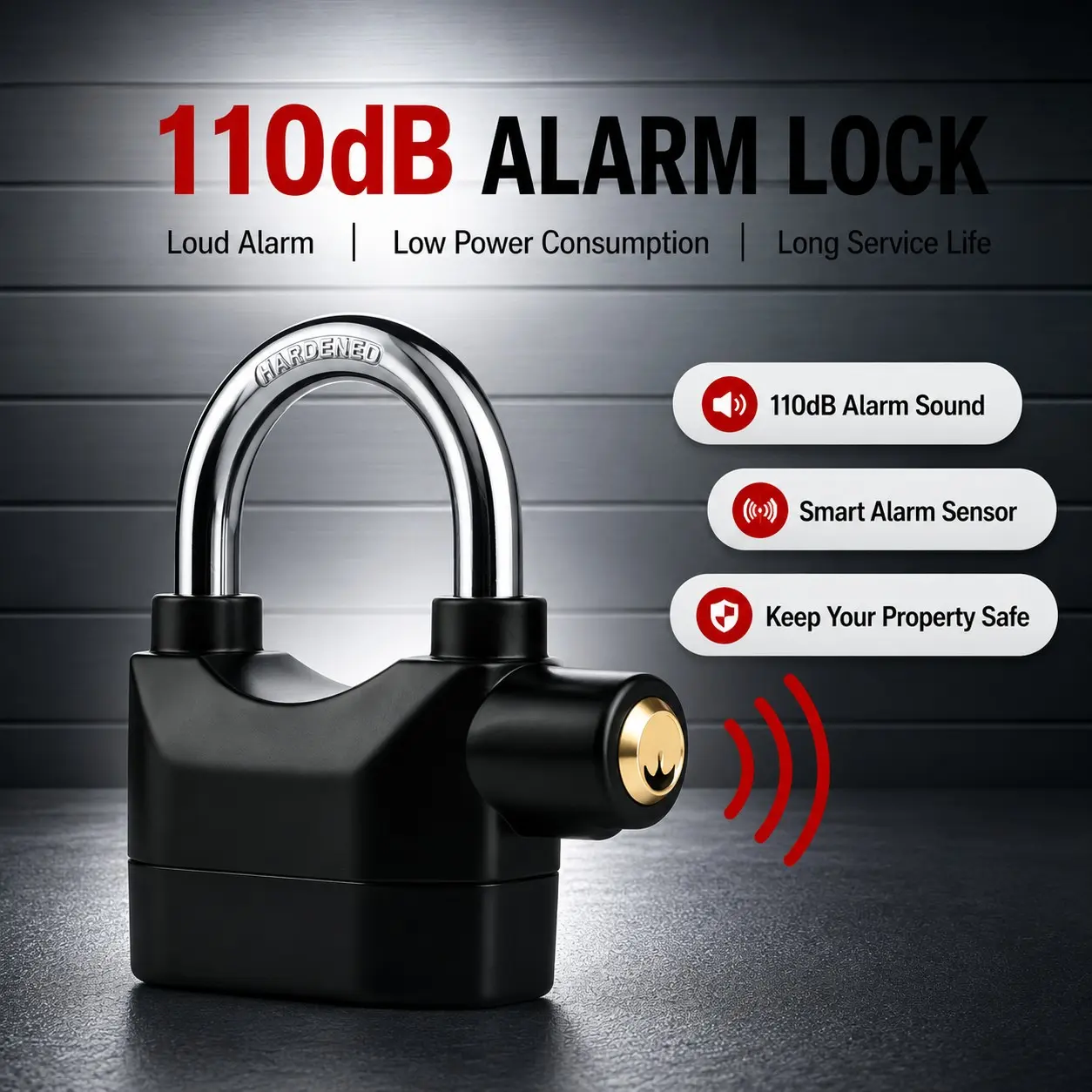 110dB Alarm Security Padlock, Heavy Duty Outdoor Stainless Steel Hanging Lock with Motion Shock Sensor and 3 Keys for Bikes, Motorcycles, Garages and Fences