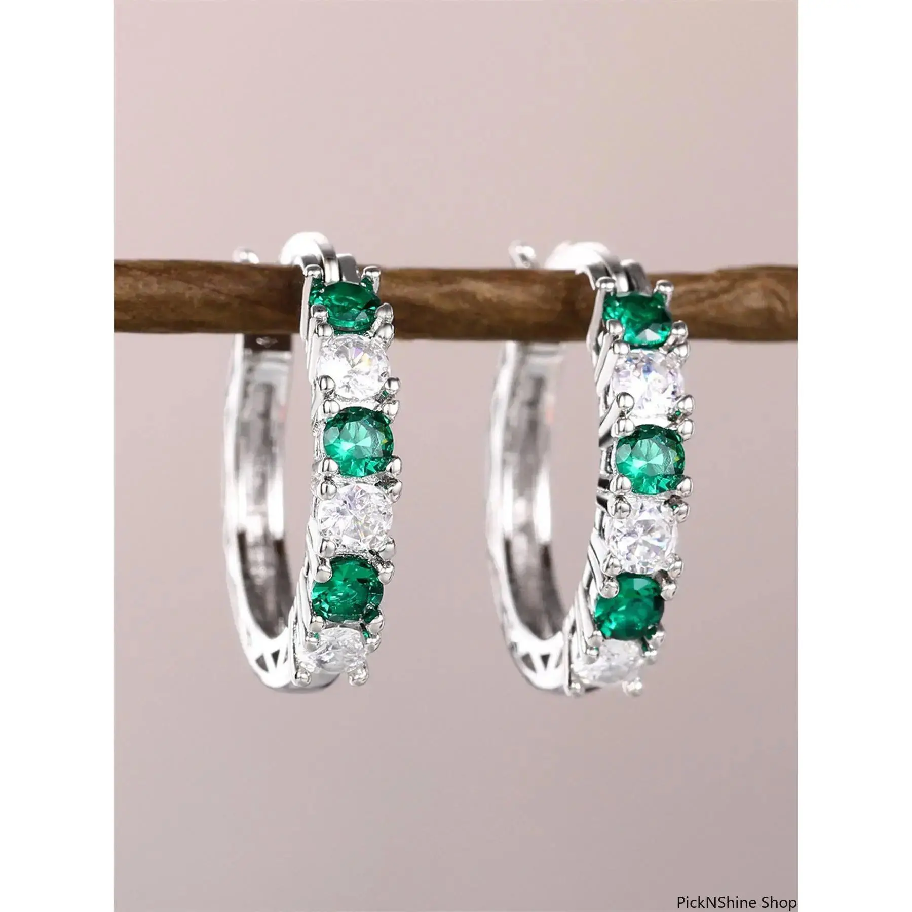 Pave Huggie Hoop Earrings for Women, Silver-Tone Jewelry with a Sparkling Round-Cut Green Emerald Synthetic Crystal, Ideal for a Wedding, Sparkling Female Jewelry