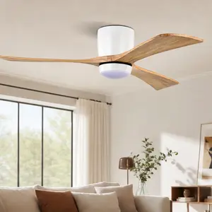 ARCH 52-Inch Ceiling Fan with Lights Remote Control, Quiet DC Motor 6 Speed Reversible, Solid Wood Blades Flush Mount, Matte White Natural Wood, Indoor Ceiling Fan for Living Room Bedroom Patio Office, Matte White/Natural Wood Color Options