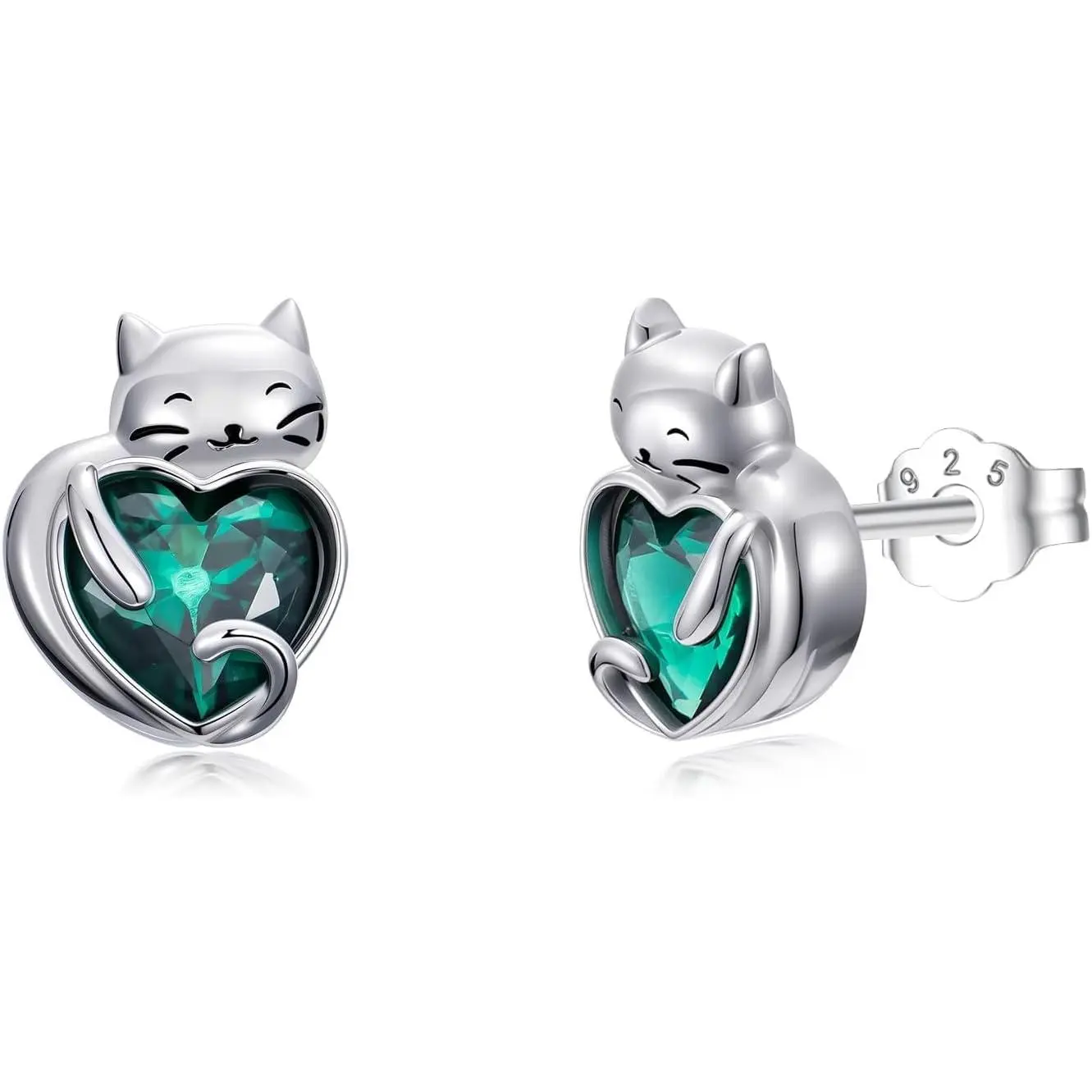 Luyona 925 Sterling Silver Cat Heart Birthstone Earrings Studs