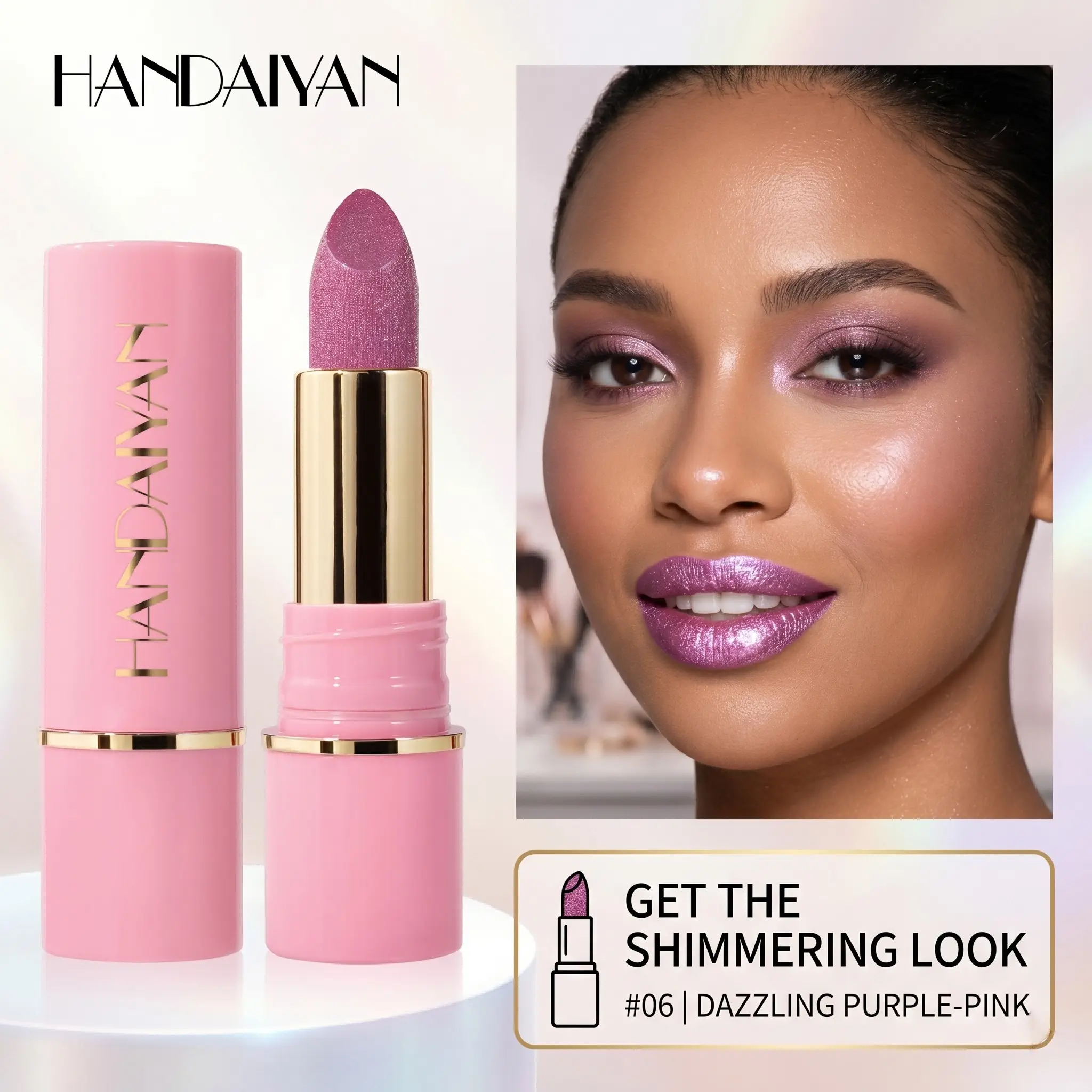 HANDAIYAN 8 Colors Metallic Glitter Lipstick, Long-lasting Waterproof Shimmer Pearl Lip Stick, High-Pigment Sparkle Lips for Party & Festival Makeup, Pearl Gloss Finish