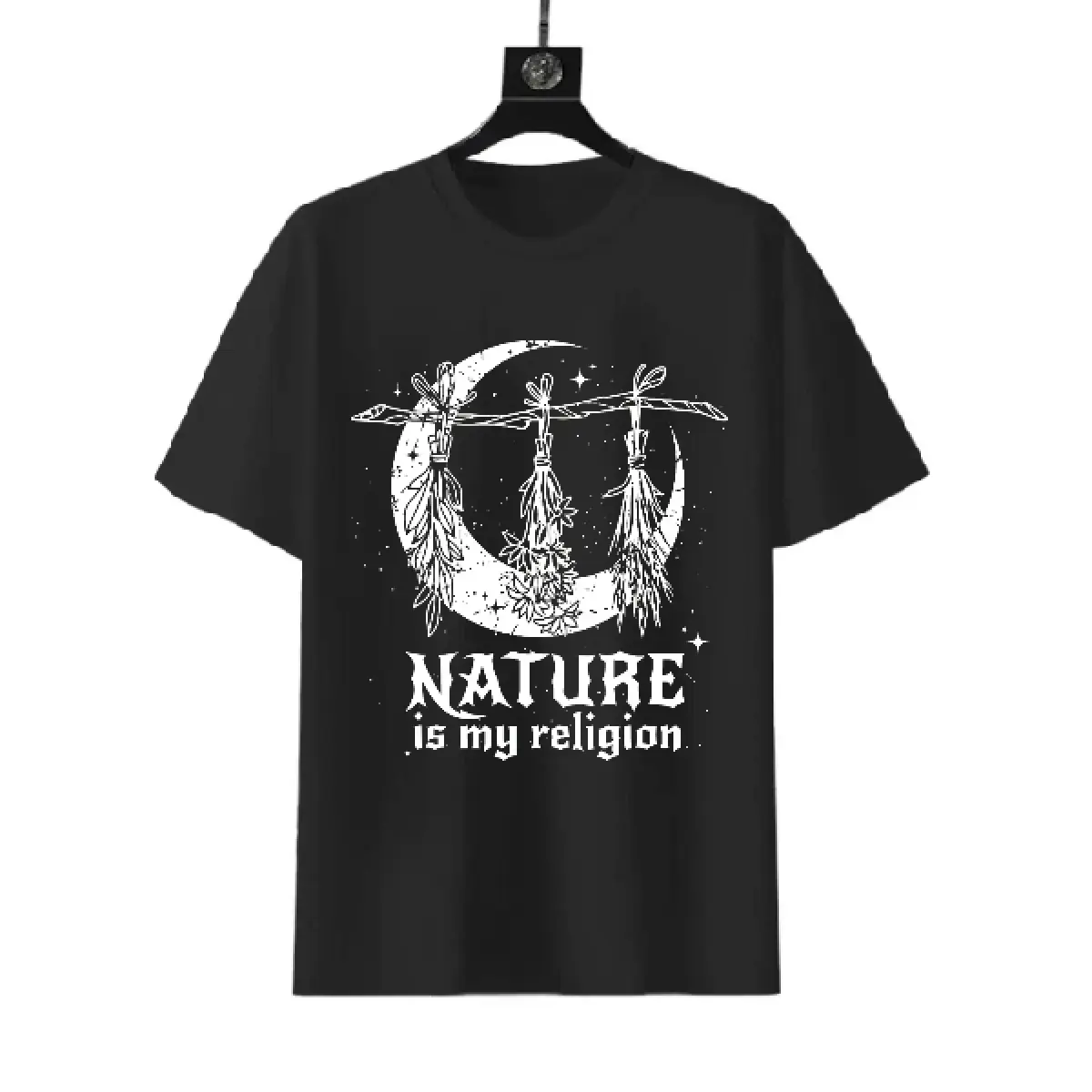 Crescent Moon Natural Religion Pattern Vintage Pagan Witch T-Shirt, Suitable for Pagan Witch Clothing, Round Neck Casual T-Shirt, Suitable for Year-Round Wear, Men's Printed Shirt
