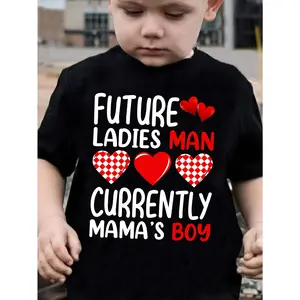 Boys' Valentine's Day Casual T-Shirt - 10-11 Years, 11-12y, 13y, Geometric Cartoon Heart, Easy Letter Print, "Future Ladies Man Currently Mama's Boy" Slogan, Kids' Fashion Top