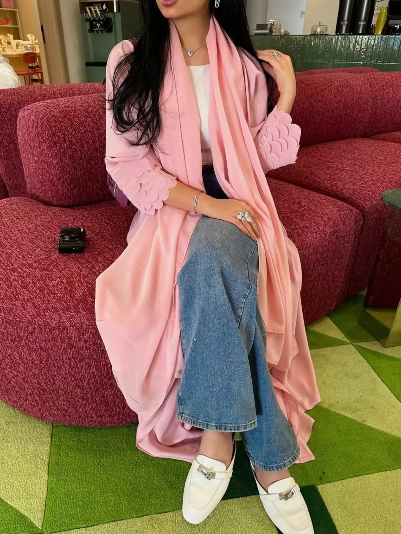 Women Solid Scalloped Cut Sleeve Maxi Abaya, Lightweight Loose Oversized Long Cardigan Robe, Modest Muslim Outer Cover Up, Casual Streetwear Clothes