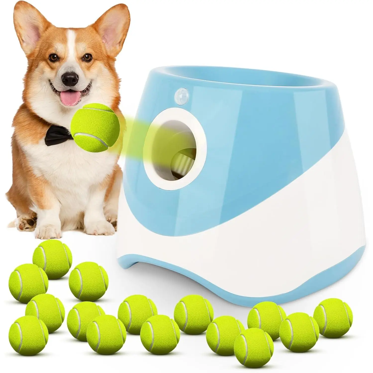 Thermoplastic Automatic Dog Ball Launcher for Small Dogs - Rechargeable, 10-30ft Adjustable Throwing Distance, Indoor/Outdoor Interactive Pet Toy with 15 Mini Tennis Balls
