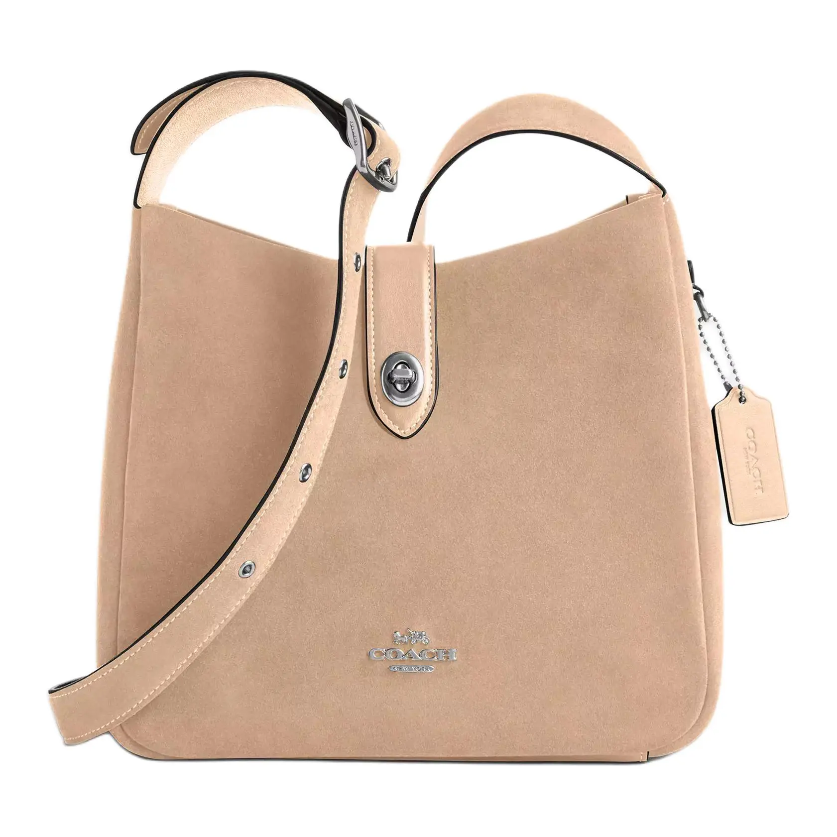 COACH Hadley 25 Suede Crossbody Bag for Women – Metallic Logo, Adjustable Strap, Turn-Lock Closure, Light Gray-Brown