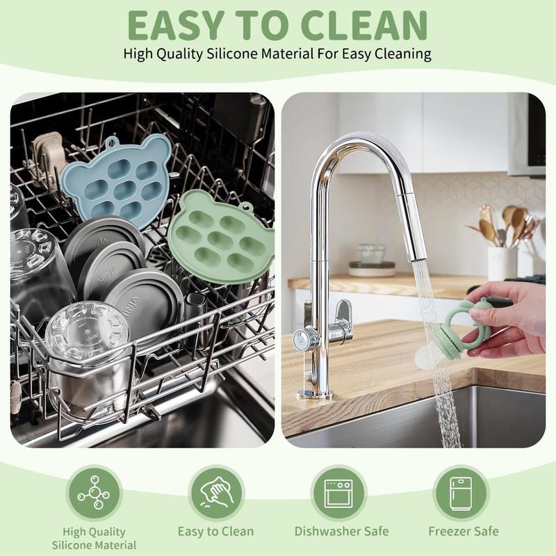 Bear Design Silicone Baby Feeding Set, 11-Piece Baby Dinnerware Set with Bowl, Spoon, Fork, Bib, Straw Cup, Snack Cup and Ice Cube Box, Cutlery Utensil Sets