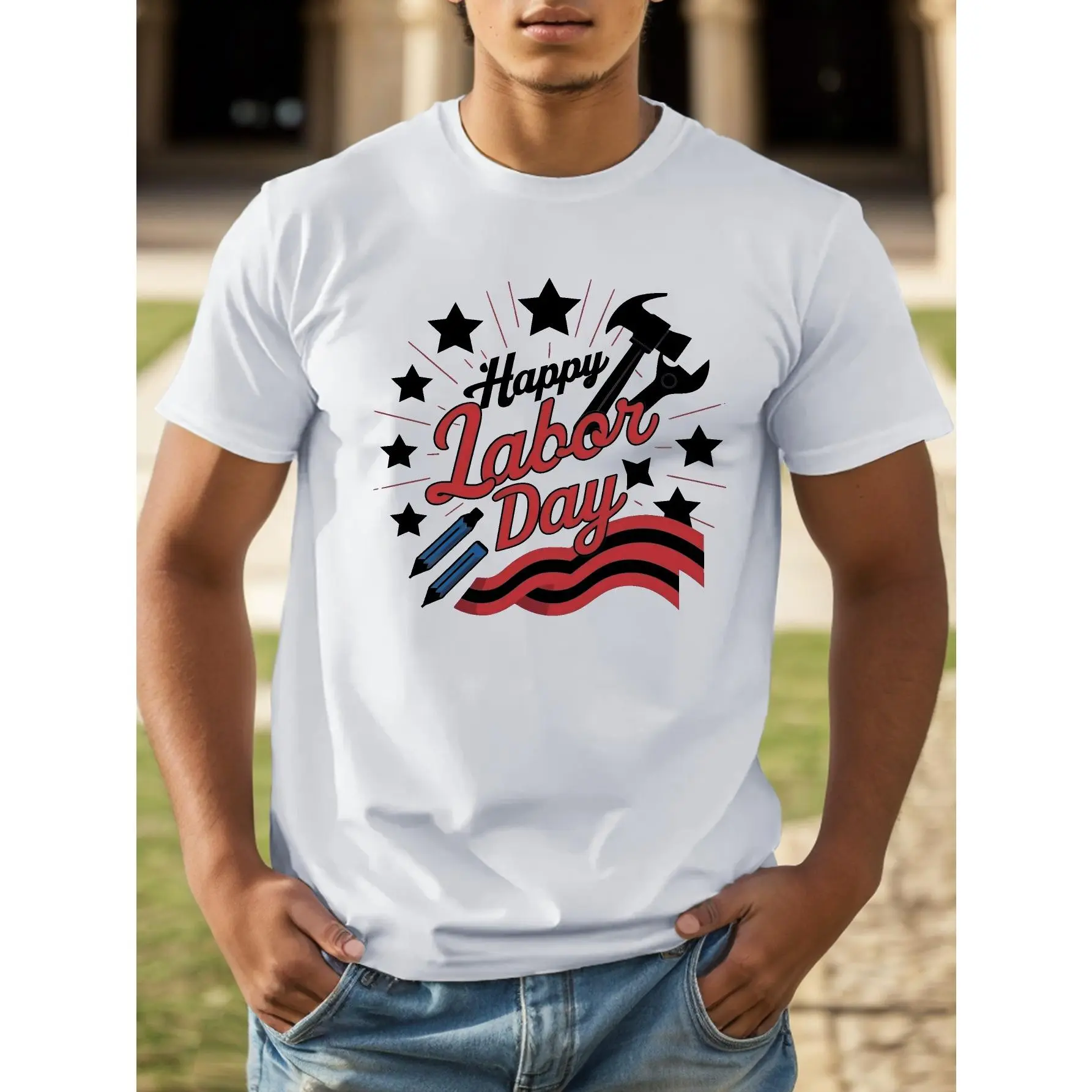 Men's Casual Round Neck Graphic T-Shirt, 150gsm Polyester with Geometric Pattern, Regular Fit Short-Sleeve Summer Wear, Gift for Boyfriend, Shortsleeve, Presents For A Boyfriend Or Girlfriend, Office