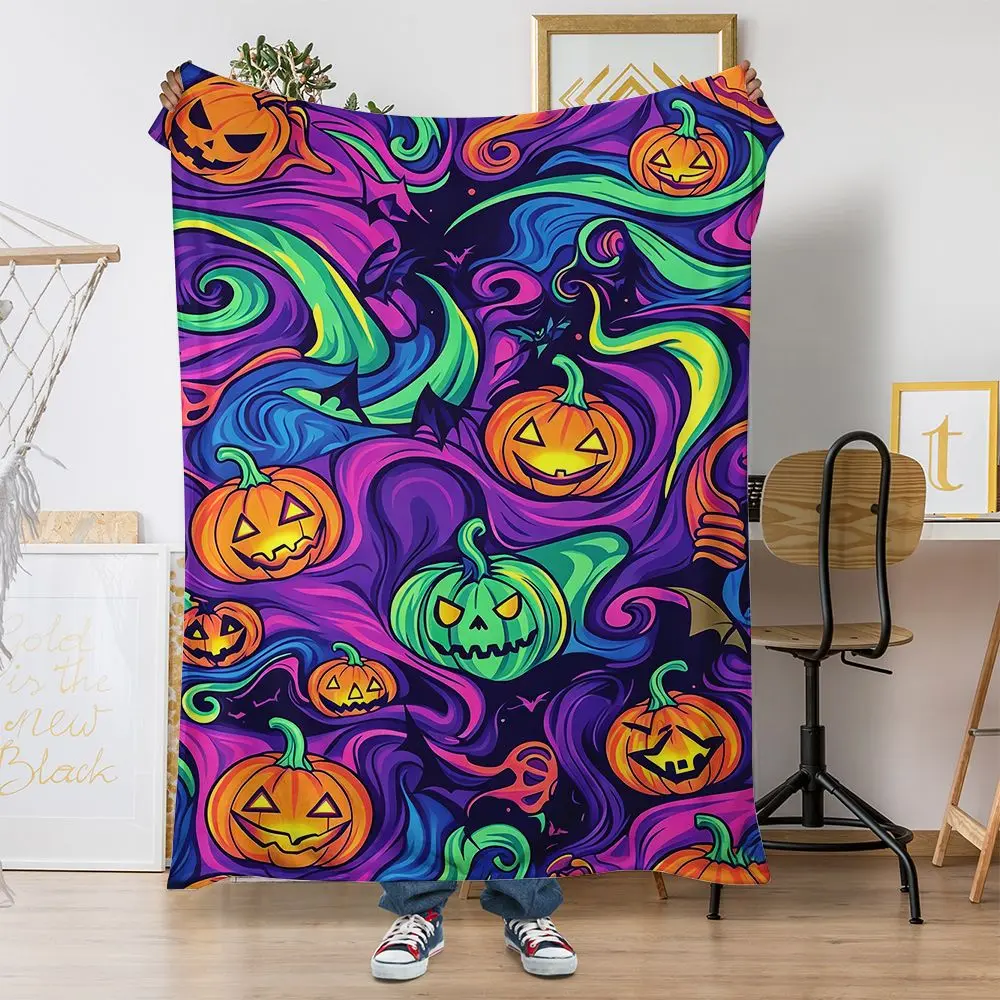 Neon Swirl Jack O Lantern Throw Blanket, Colorful Purple Green and Orange Halloween Pumpkin Pattern with Bats for Couch, Bed, Dorm and Party Decor