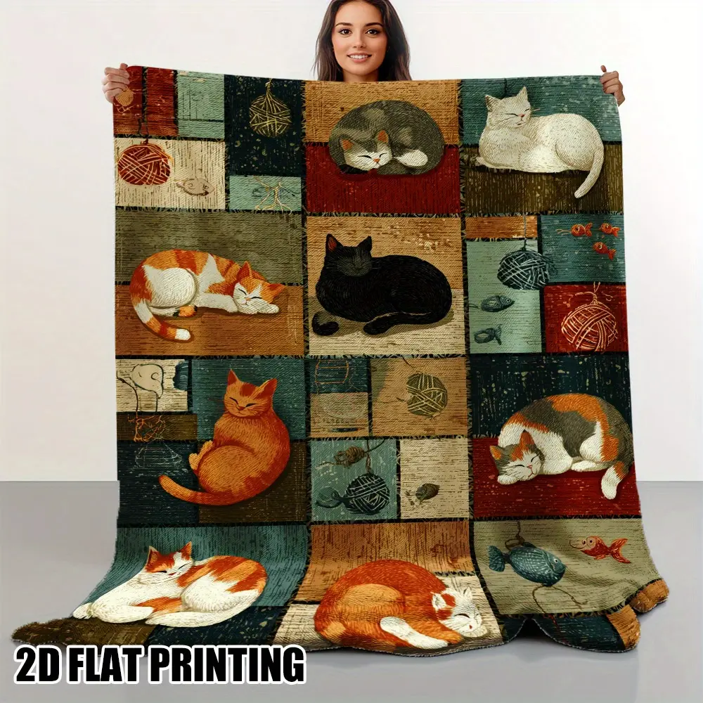 Flannel Blanket 2D Printed Cat and Fish Pattern Soft Warm Lightweight All-Season Blanket 1 Piece Perfect Gift for Kids Adults Home Decor