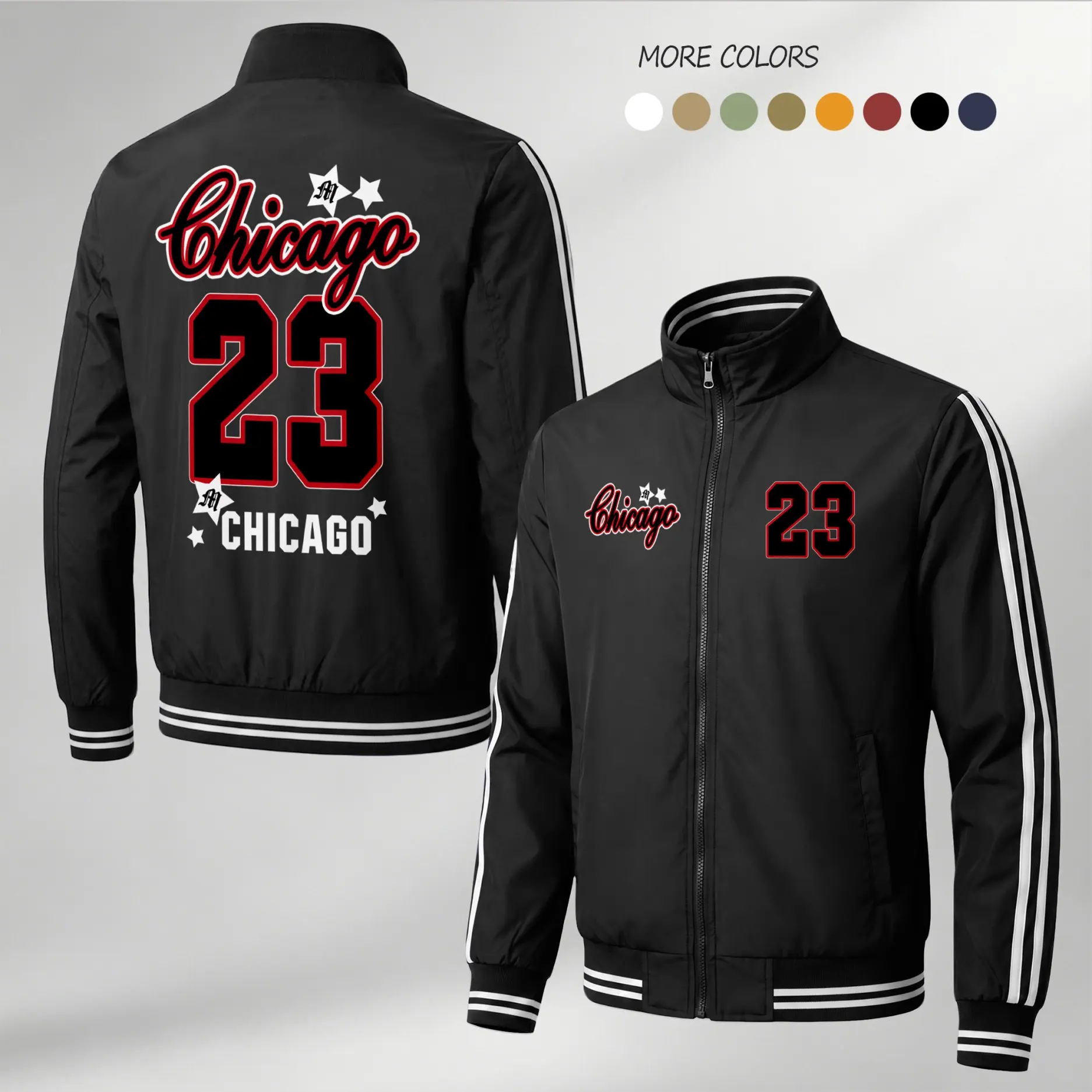 Men’s Chicago 23 Graphic Print Lightweight Ribbed Collared Neck Zip Bomber Jacket - Varsity Basketball Streetwear Flight Jacket with 23 Back Design, Star Detail, Stripe Sleeves, Urban Athletic Casual Style (Menswear Tops)