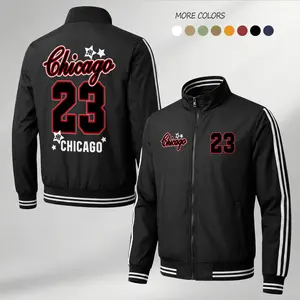 Men’s Chicago 23 Graphic Print Lightweight Bomber Jacket – Varsity Basketball Streetwear Flight Jacket with Number 23 Back Design, Star Detail, Stripe Sleeve & Urban Athletic Casual Style