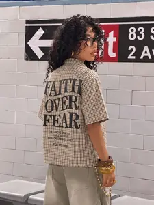 American Vintage Gingham Cuban Collar Short Sleeve Shirt, Loose Fit Casual Open Front, Street Style Summer Essential