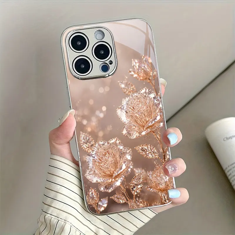 Rose Gold Rose Case for iPhone 17 Pro Max 16 Pro Max 15 Plus 14 13 12 11 Samsung S26 S25 S24 S23 S22 S21 Plus S20FE A16 A56 Glass Design Fashion Premium Pollution Prevention Shock Absorption Gifts for couples friends and family on holidays., Smartphone, H