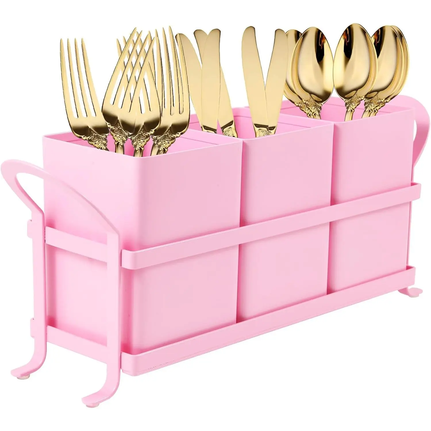 Metal Silverware ,3 Compartment Utensil Holder With Metal Rack,Utensil  Flatware Cutlery Organizer for Countertop Party Picnic Camping Outdoor