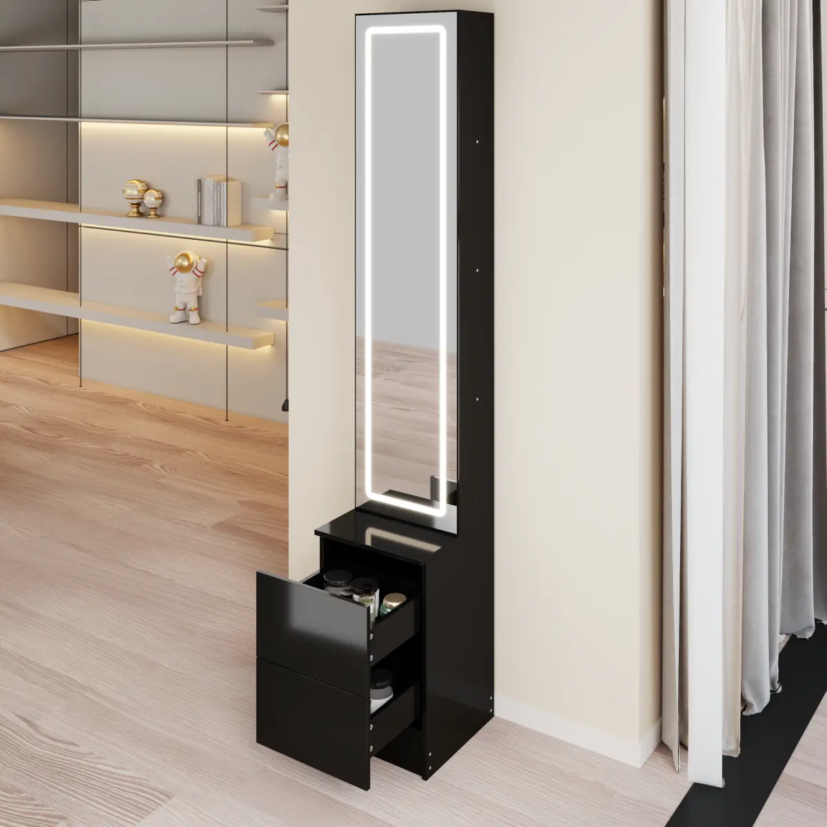 Length 11.8" x Width 15.7" x Height 63" LED Dressing Mior Cabinet,Cosmetic Organizer Cabinet, Jewelry Cabinet, 3 colors, Adjustable Brightness, Extra Large Mior, Multi Layer High Capacity Storage