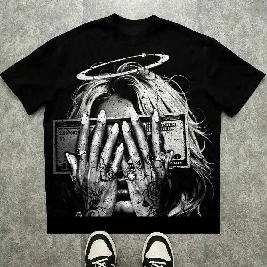 Outdoor Urban Vacation Unisex Short Sleeve T shirt Grunge Angel Woman Halo Dollar Bill Rose Tattoo Hand Full Graphic Crew Neck Soft Cotton Daily Fashion Tee