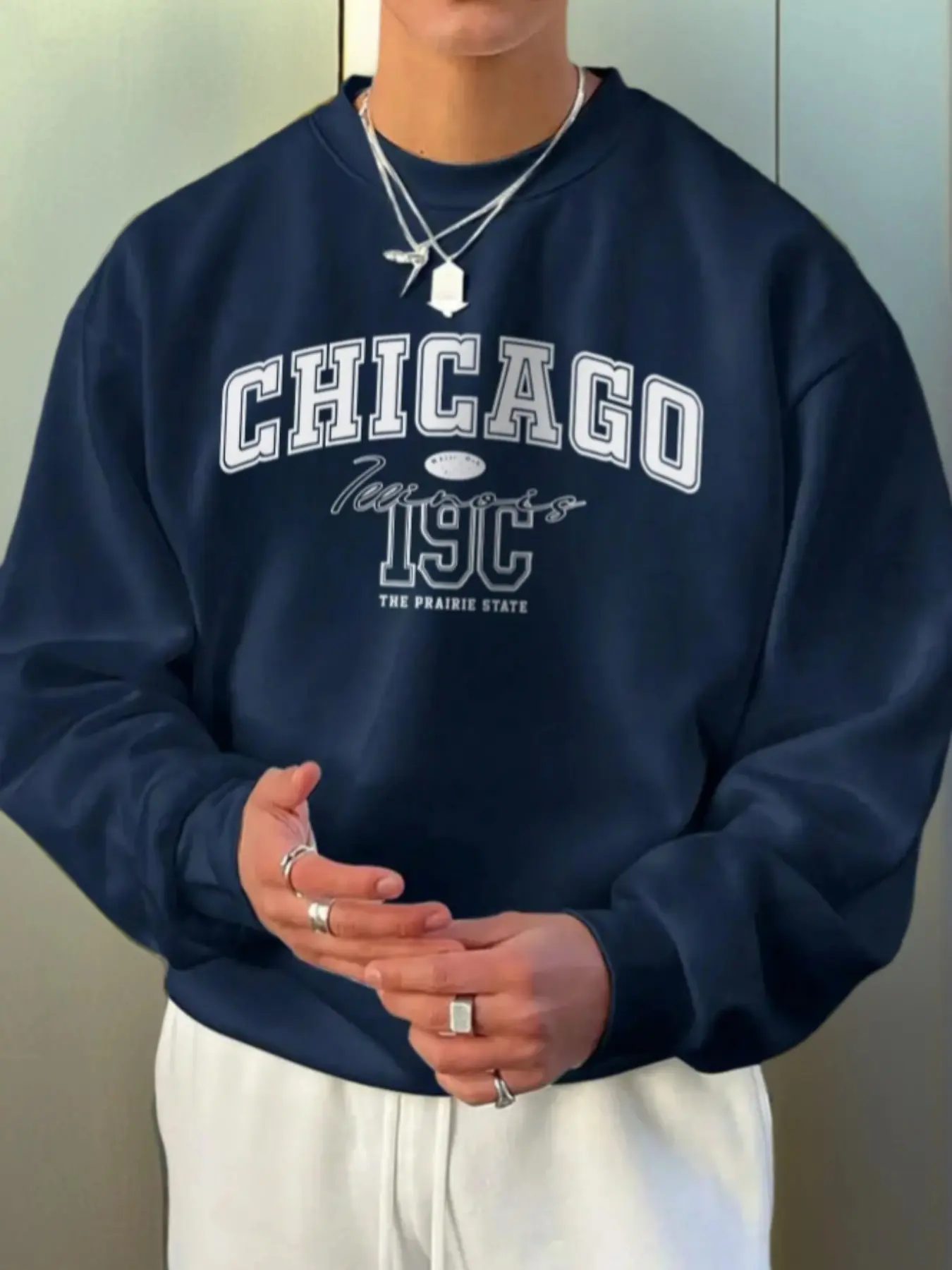 American Vintage crewneck sweatshirt, Chicago letter print, casual pullover, for spring & fall, unisex fashion top